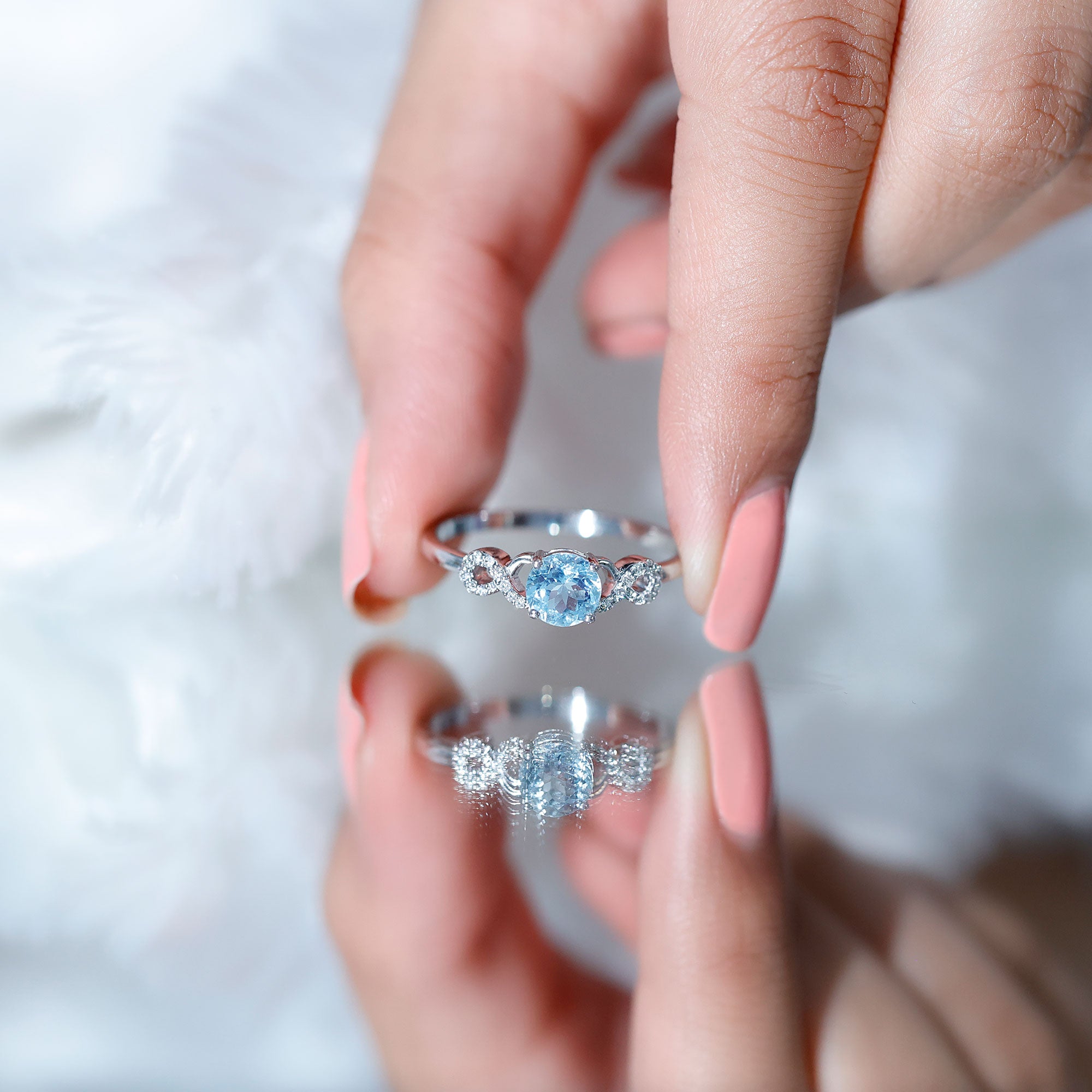 Rosec Jewels-Round Shape Aquamarine and Diamond Infinity Engagement Ring