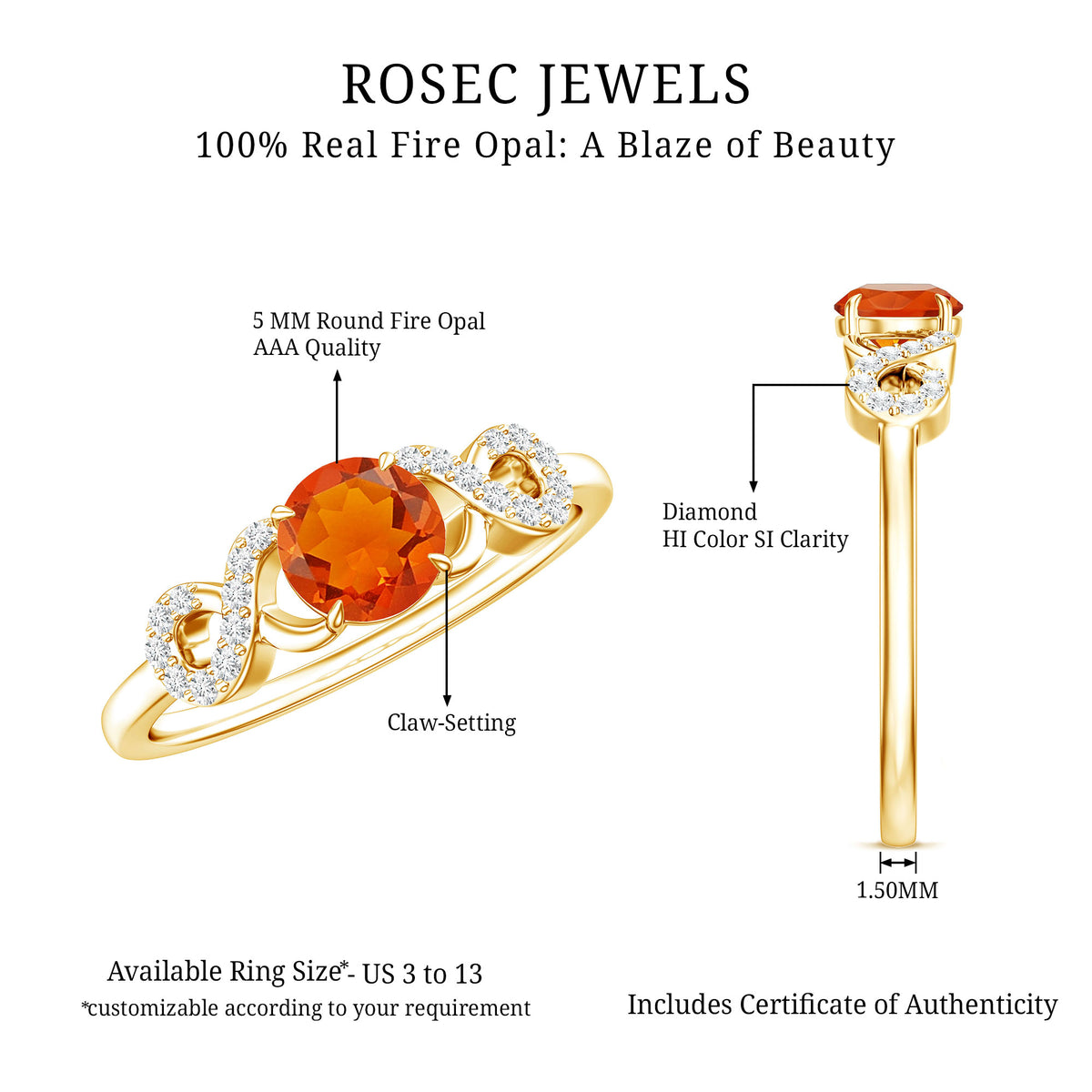 Round Shape Solitaire Fire Opal Infinity Engagement Ring with Diamond AAA - Rosec Jewels