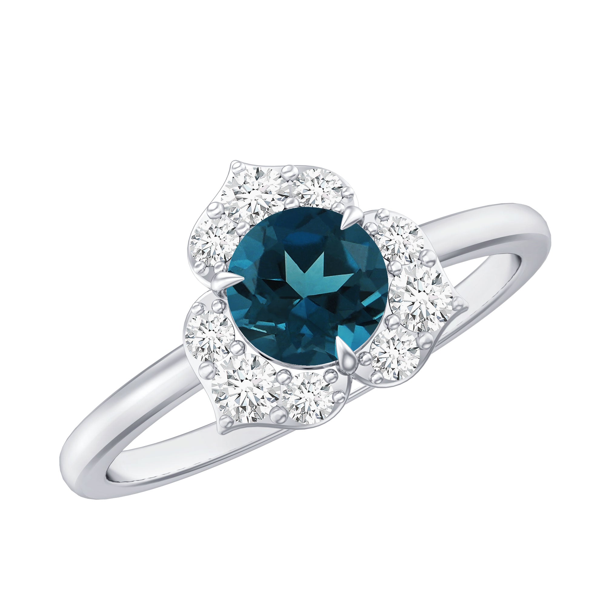 Round London Blue Topaz Floral Engagement Ring with Diamond AAA - Rosec Jewels