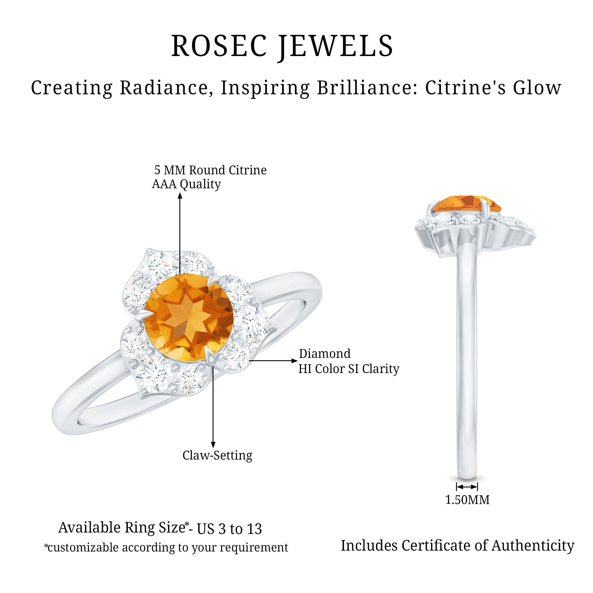 Rosec Jewels-Certified Natural Citrine Designer Flower Engagement Ring with Diamond