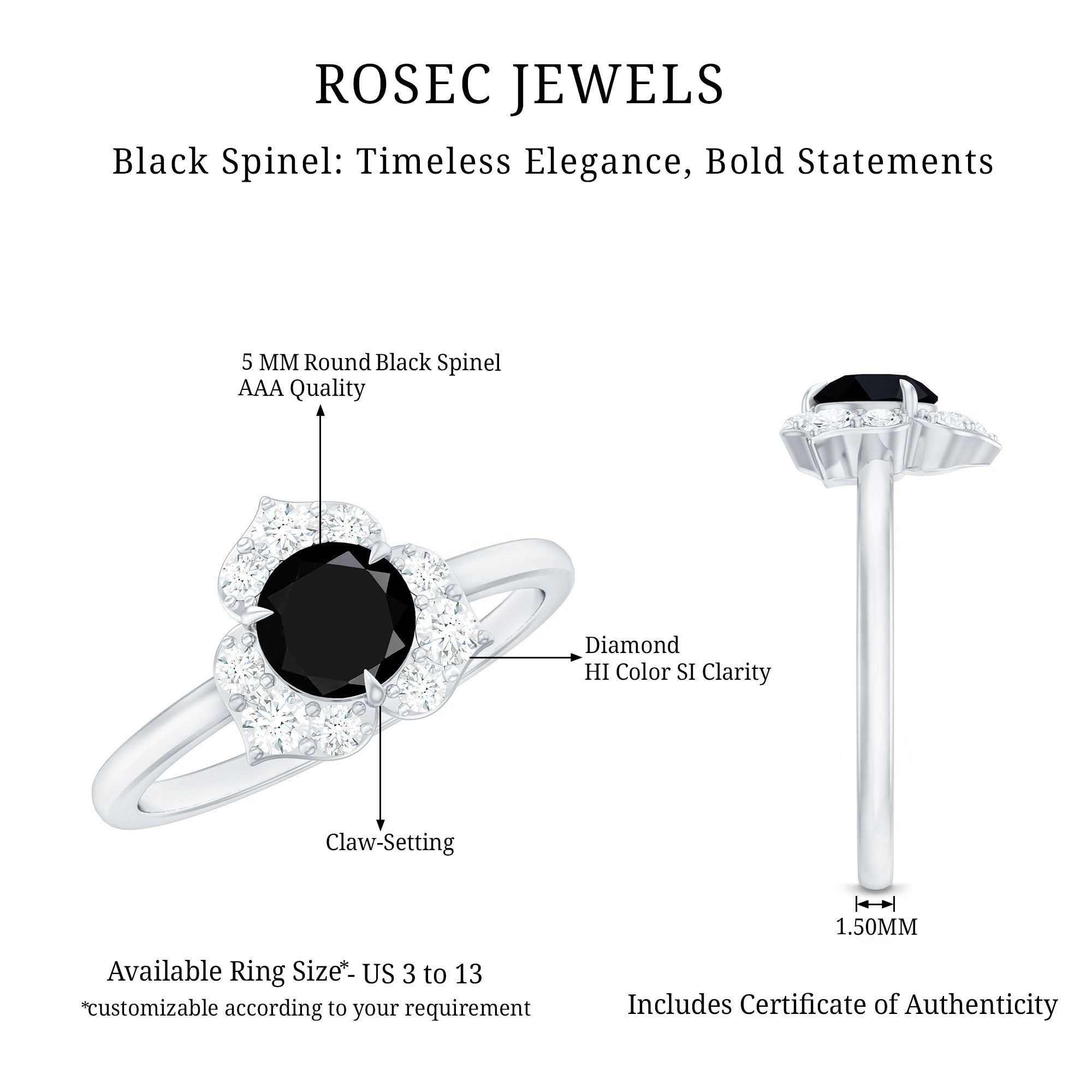 Natural Black Spinel Flower Engagement Ring with Diamond AAA - Rosec Jewels