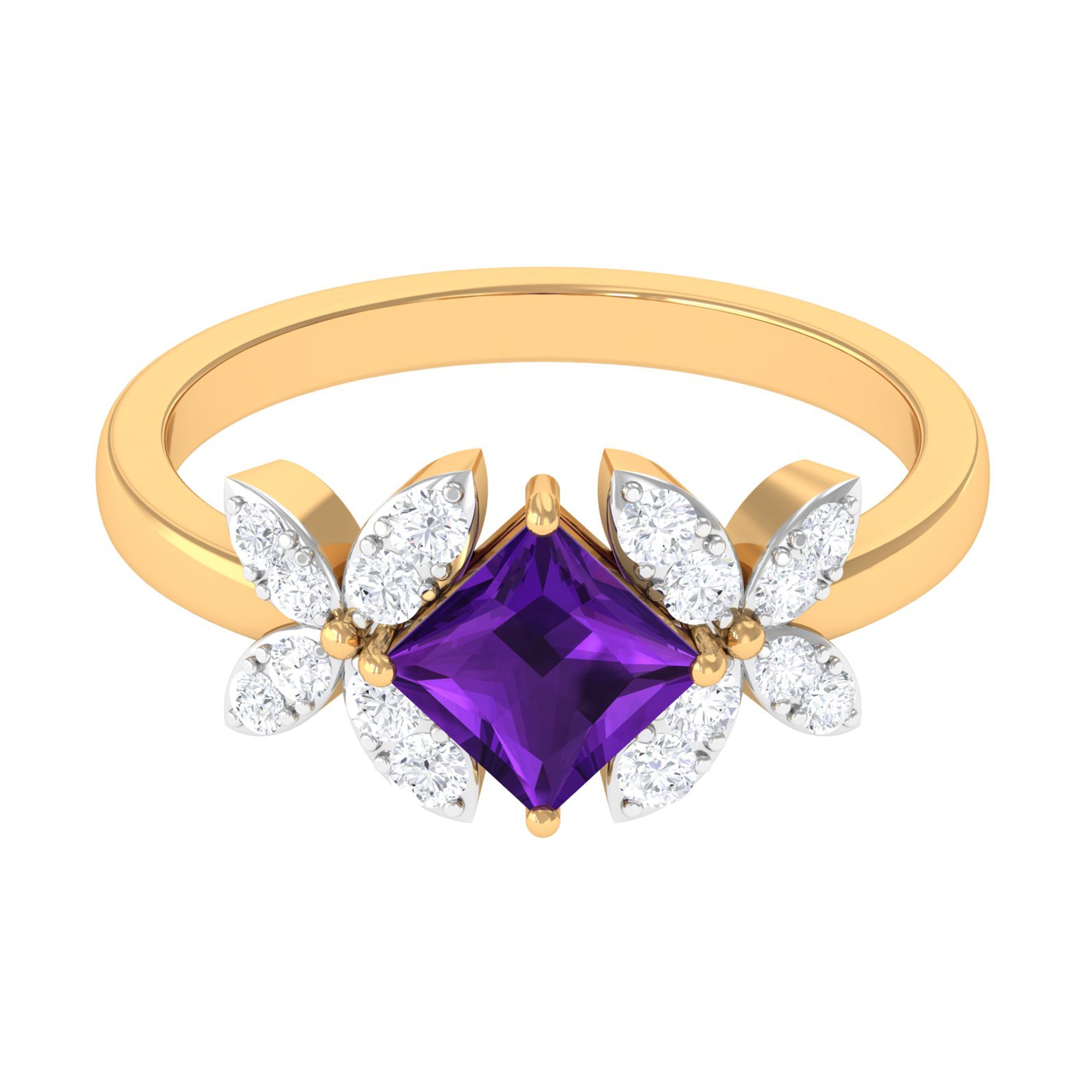 Princess Cut Amethyst Floral Engagement Ring with Diamond AAA - Rosec Jewels