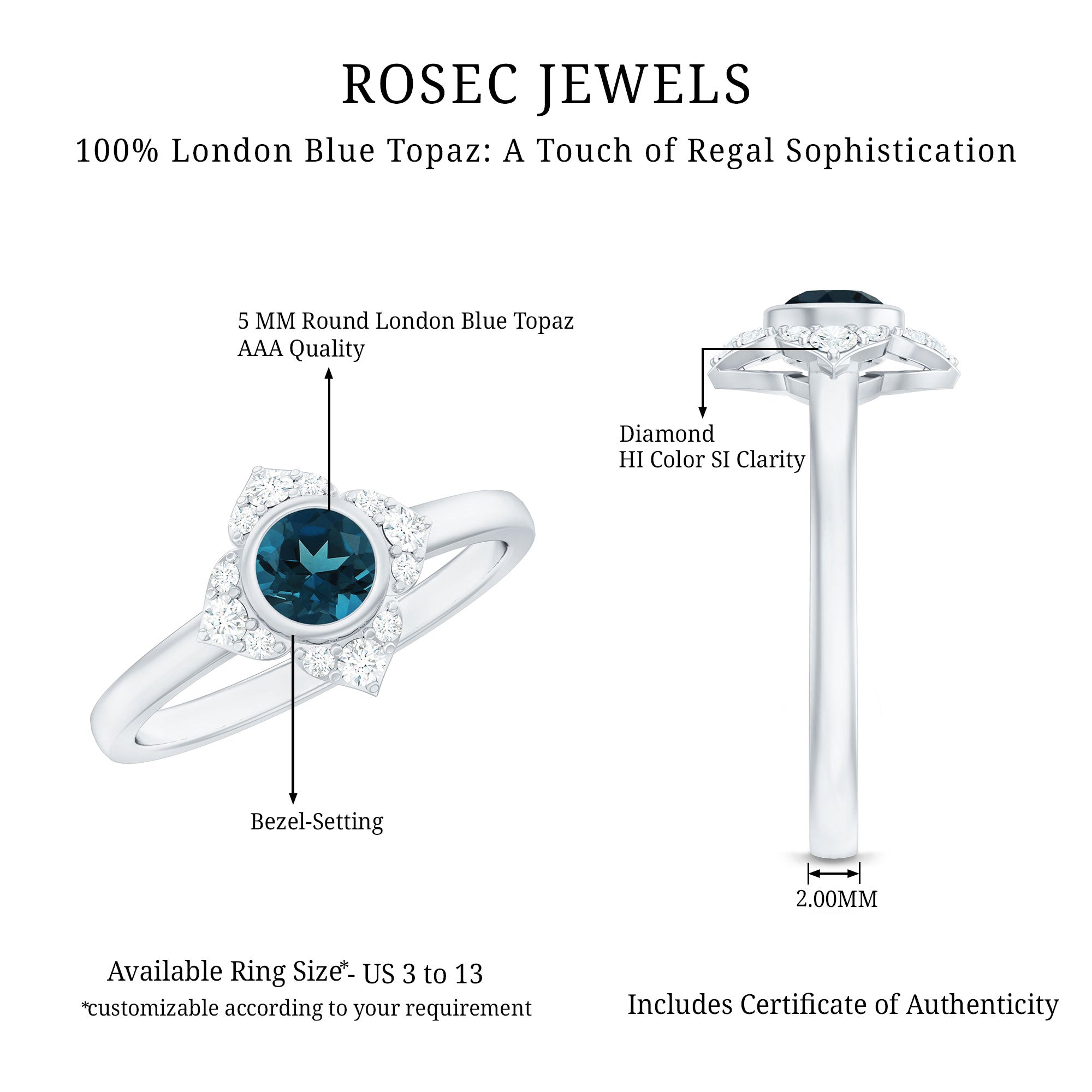 Rosec Jewels-London Blue Topaz Bezel Engagement Ring with Diamond Halo