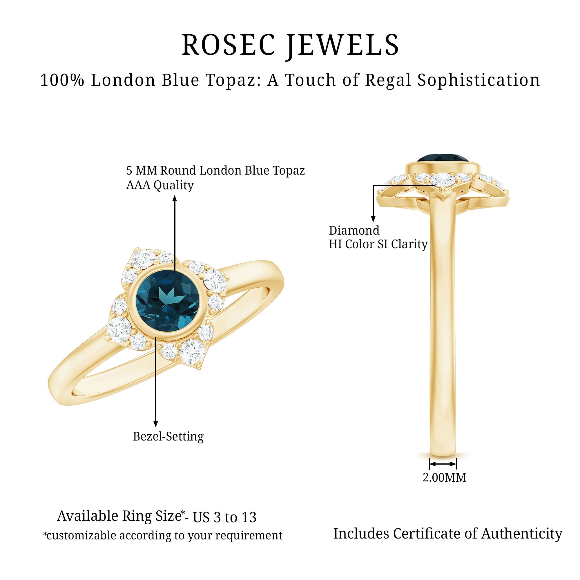 Rosec Jewels-London Blue Topaz Bezel Engagement Ring with Diamond Halo