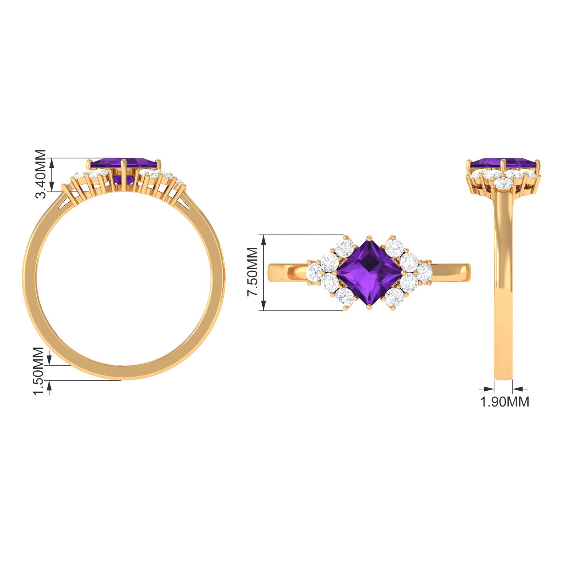 Natural 1.2 Carat Amethyst Princess Cut Engagement Ring with Diamond AAA - Rosec Jewels