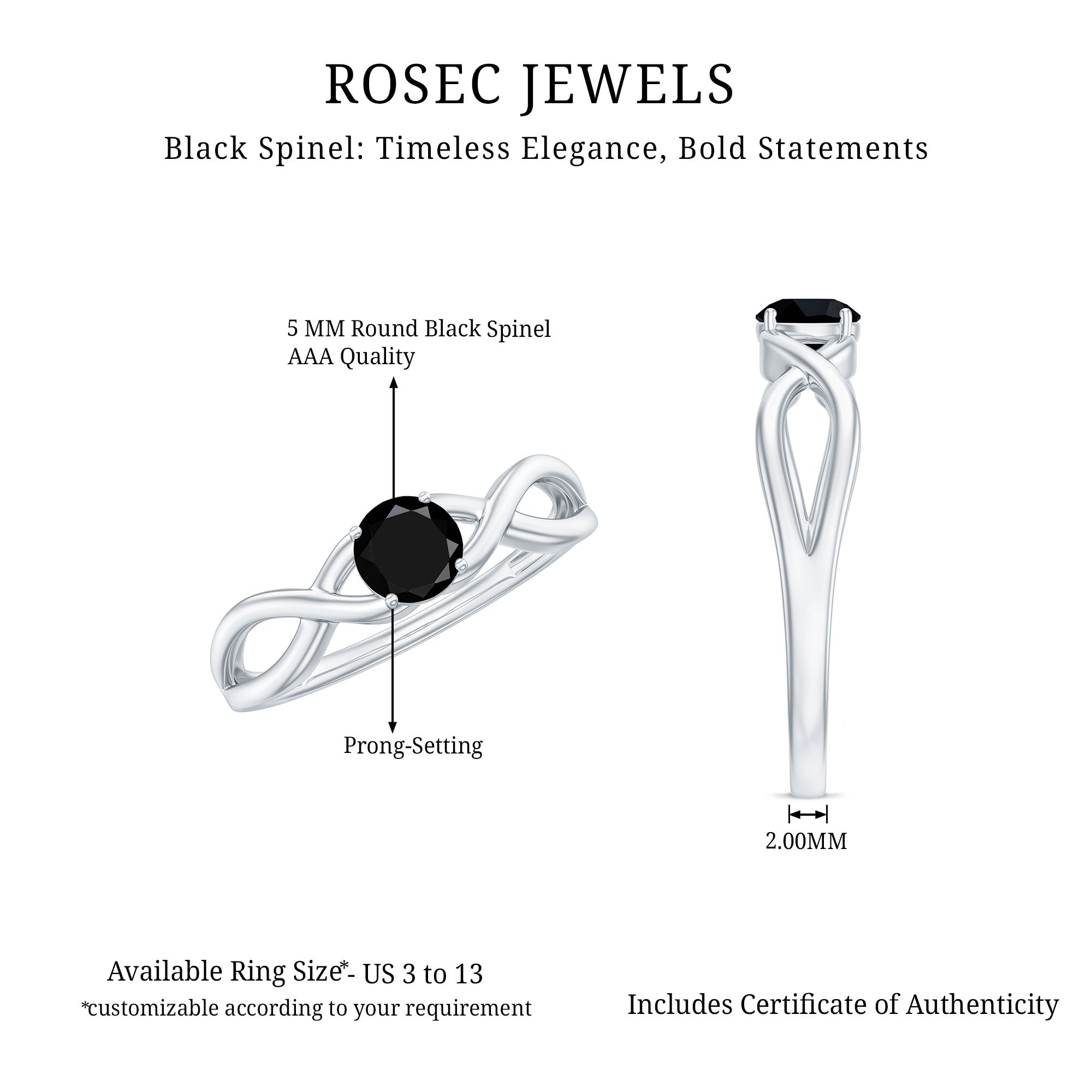 Rosec Jewels-Natural Black Spinel Proposal Ring with Crossover Shank