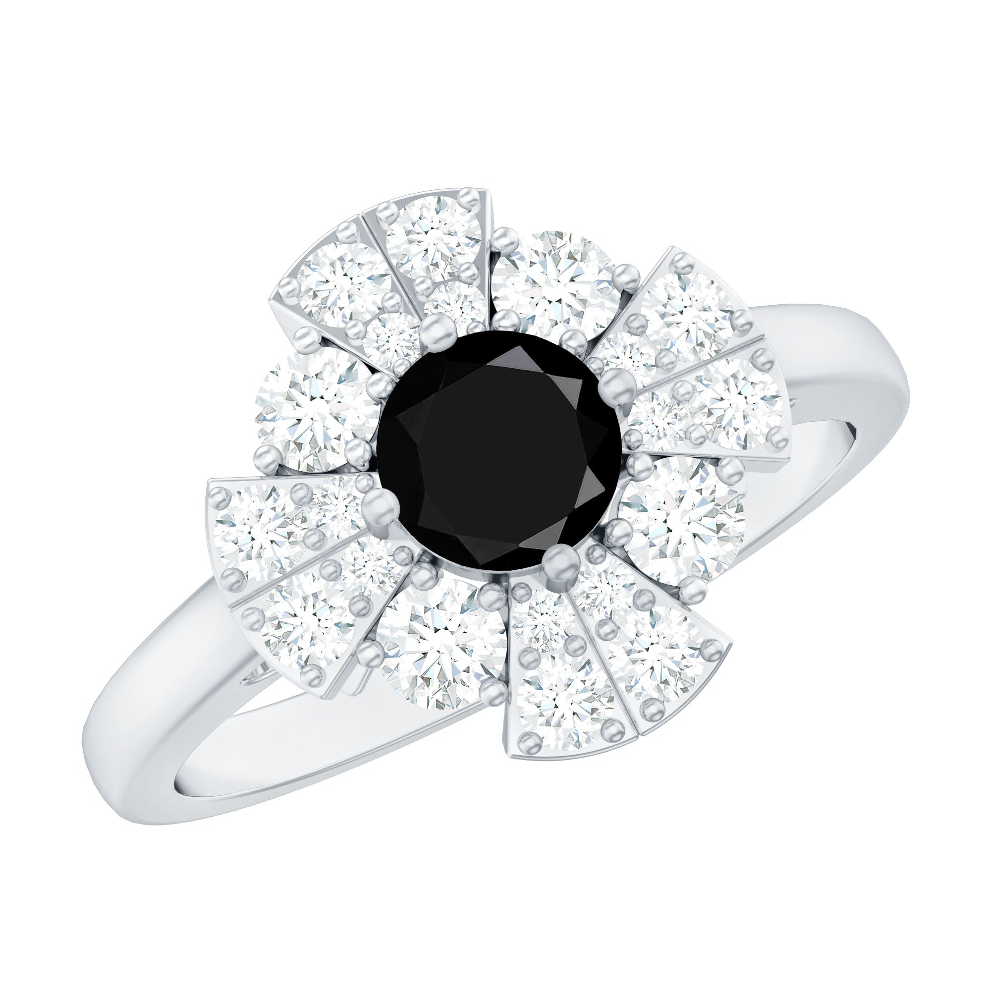 Black Spinel and Moissanite Flower Engagement Ring