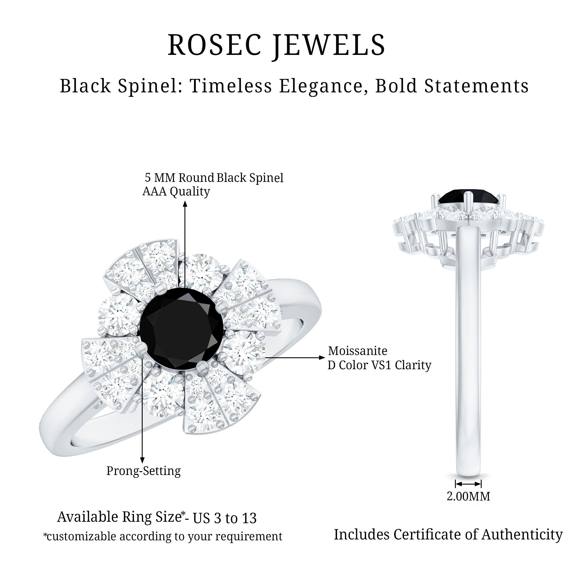 Natural Black Spinel Flower Engagement Ring with Moissanite AAA - Rosec Jewels