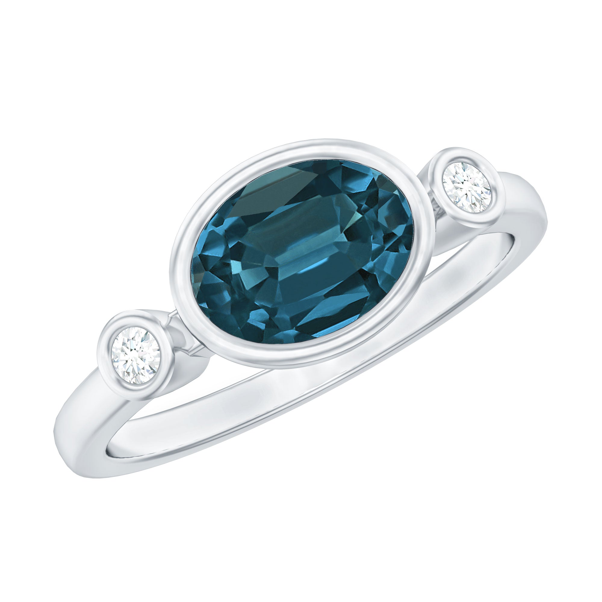 Oval London Blue Topaz Bezel Set Engagement Ring with Diamond AAA - Rosec Jewels