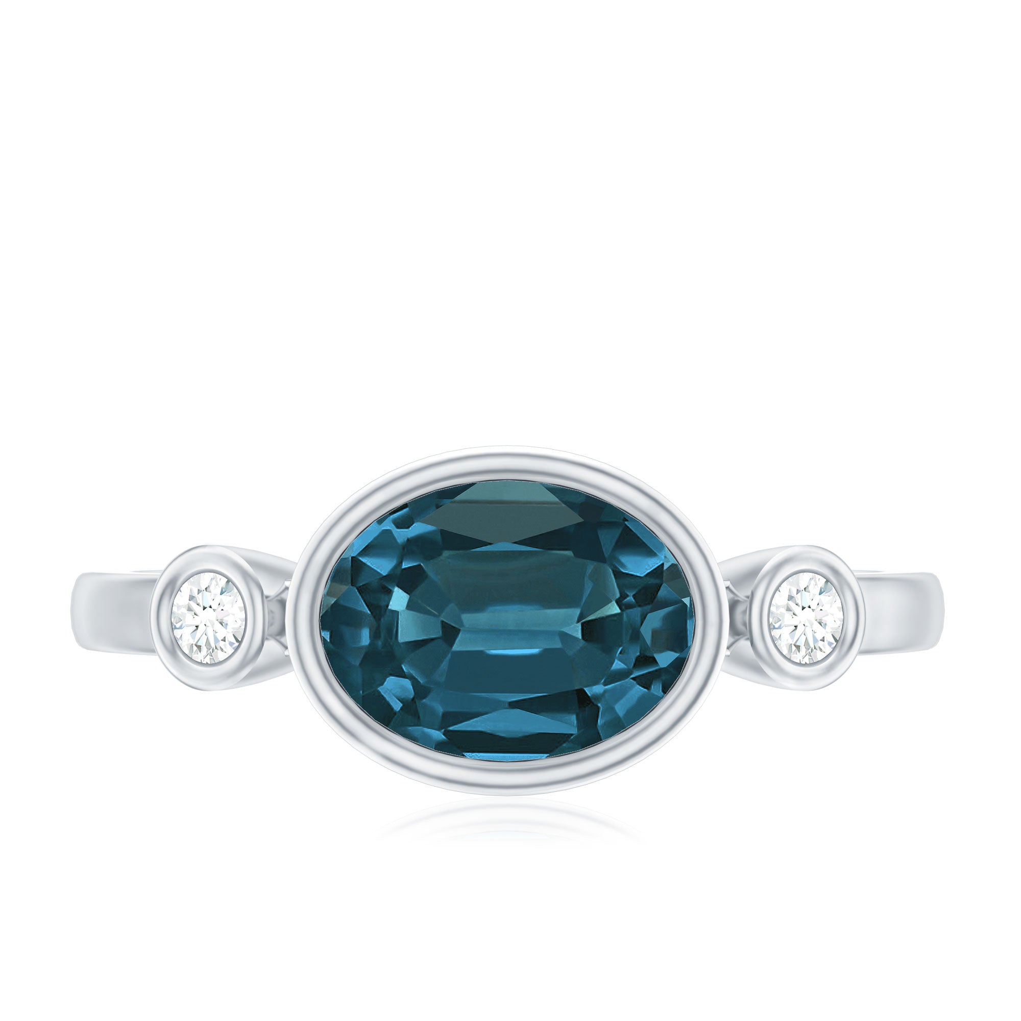 Oval London Blue Topaz Bezel Set Engagement Ring with Diamond AAA - Rosec Jewels