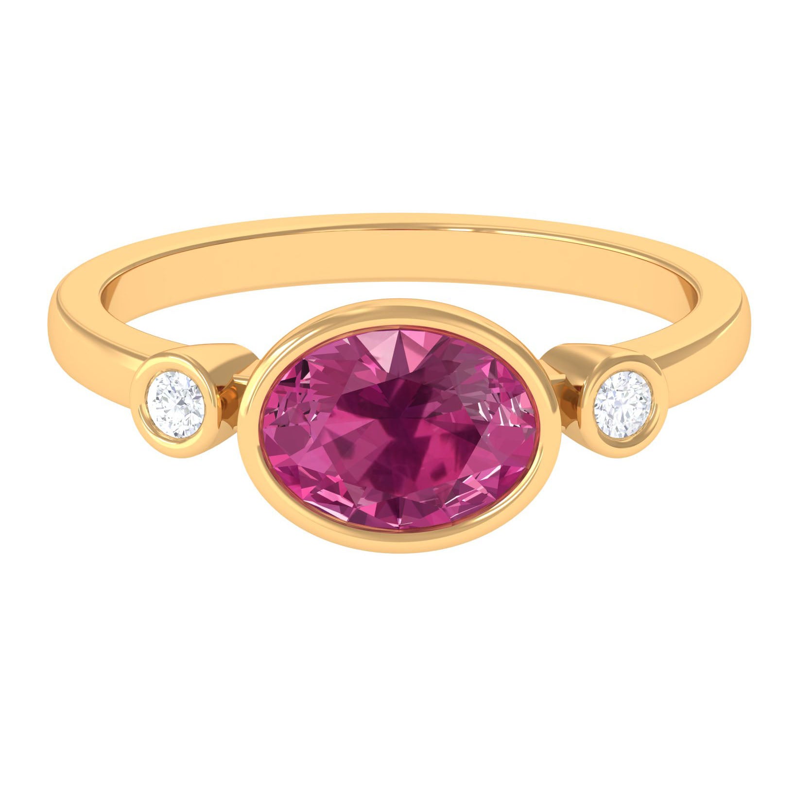 Pink Tourmaline Solitaire East West Ring with Diamond AAA - Rosec Jewels