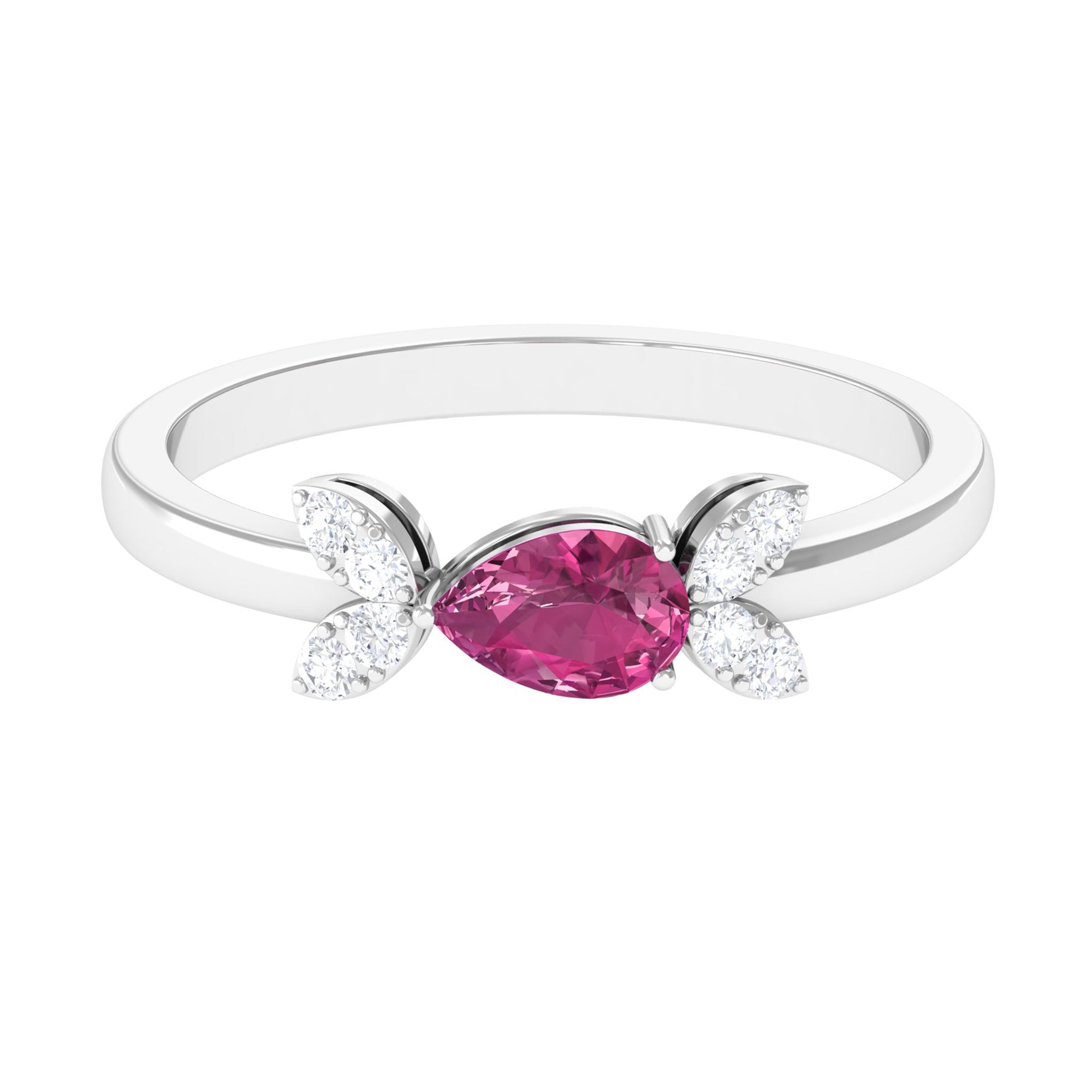 Minimal Pink Tourmaline Leaf Promise Ring with Diamond AAA - Rosec Jewels