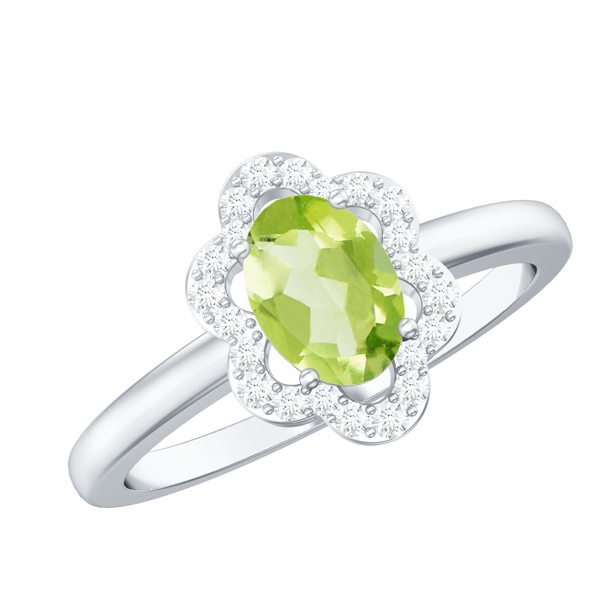 Oval Peridot Cocktail Flower Ring with Diamond