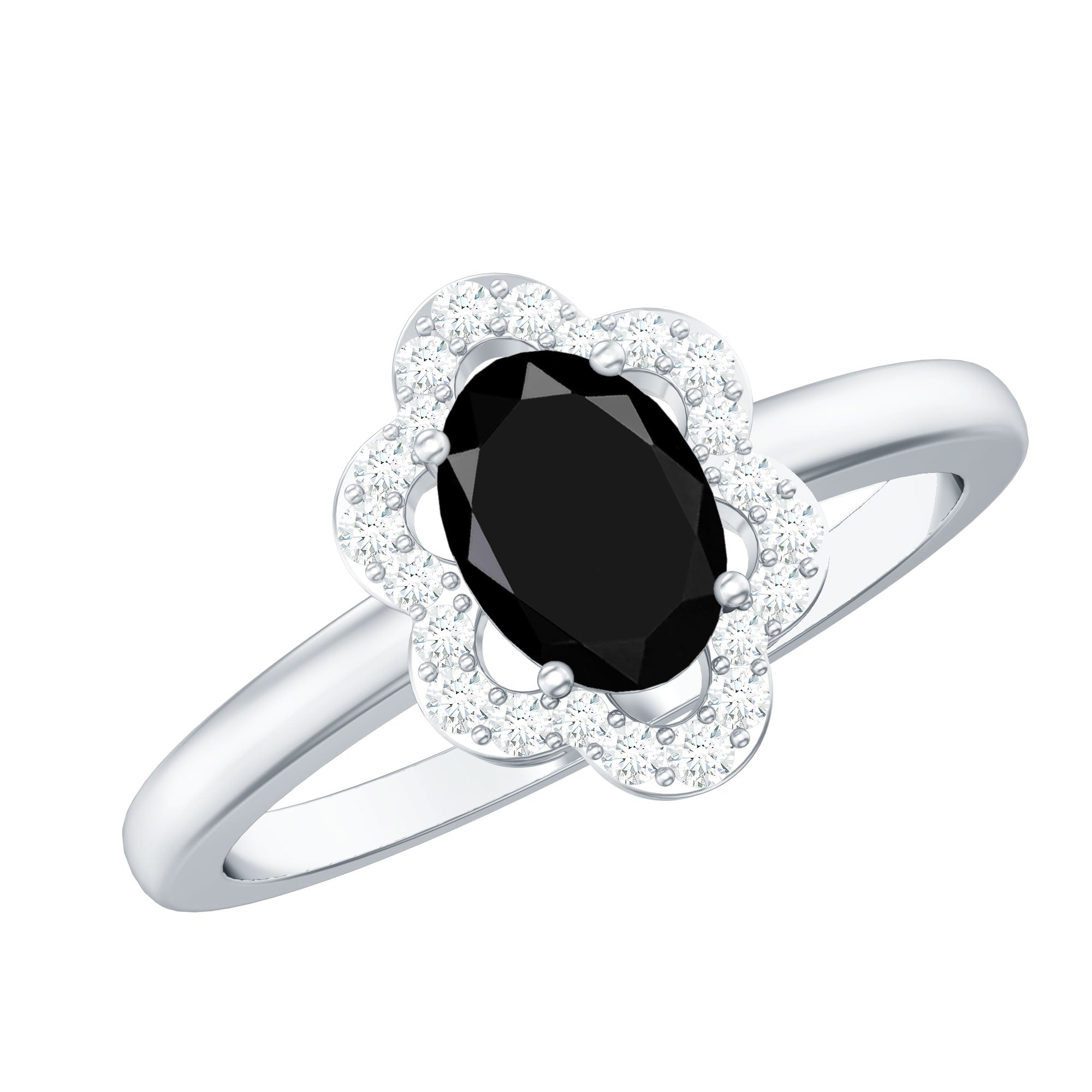 Certified Oval Cut 6X8MM Black Onyx Flower Engagement Ring with Diamond Halo