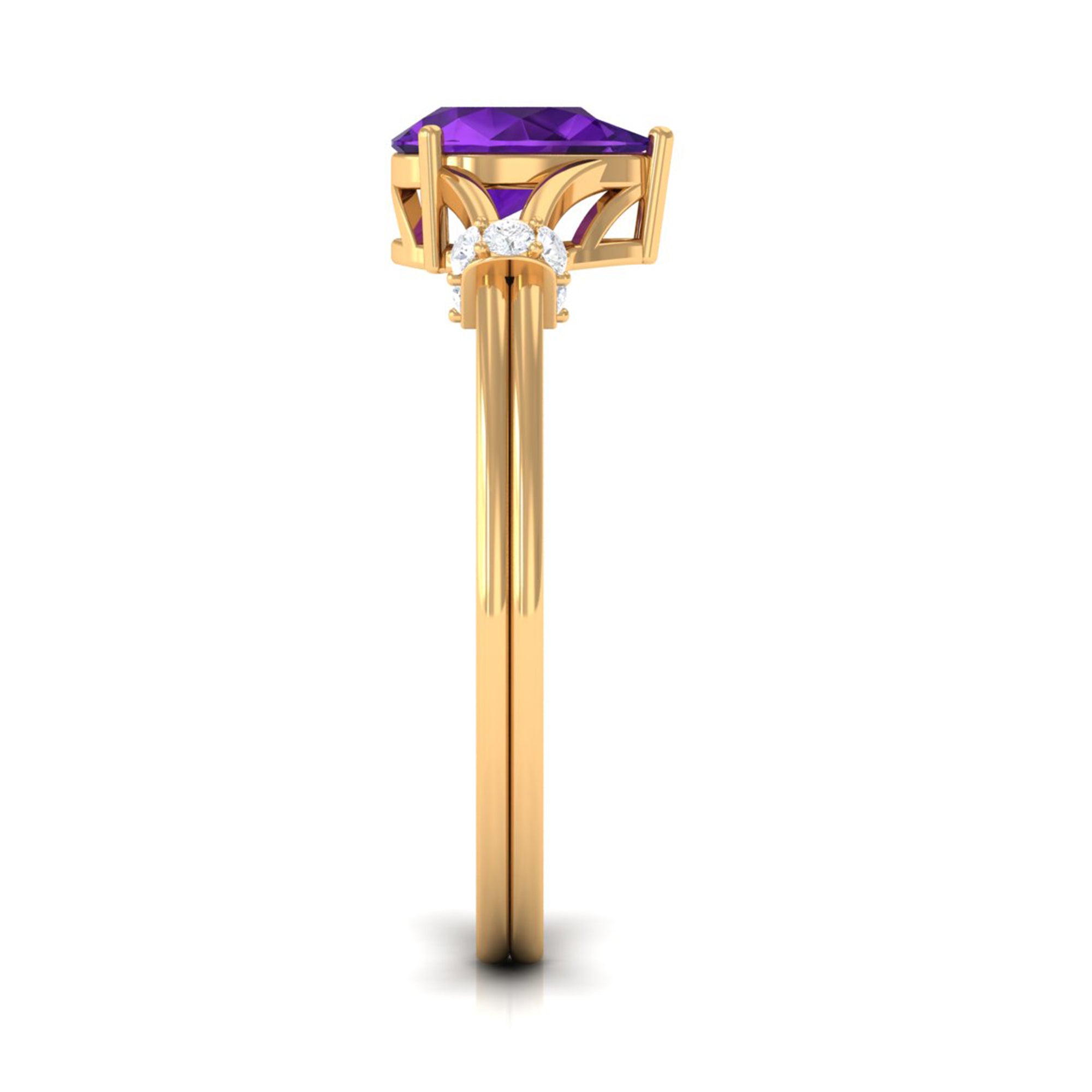 Pear Cut Amethyst Solitaire Ring with Diamond in Split Shank AAA - Rosec Jewels