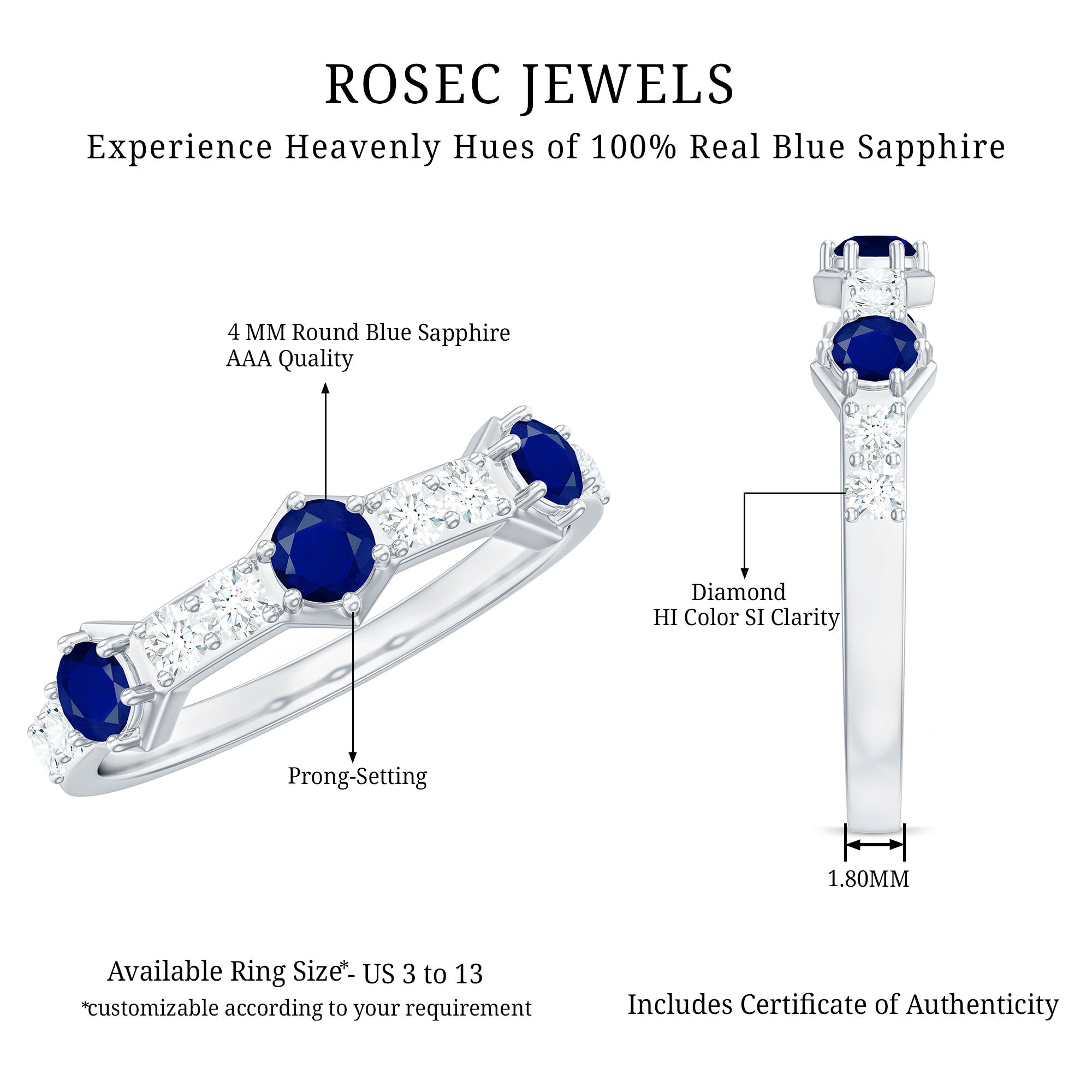 Real Blue Sapphire Half Eternity Ring with Diamond AAA - Rosec Jewels