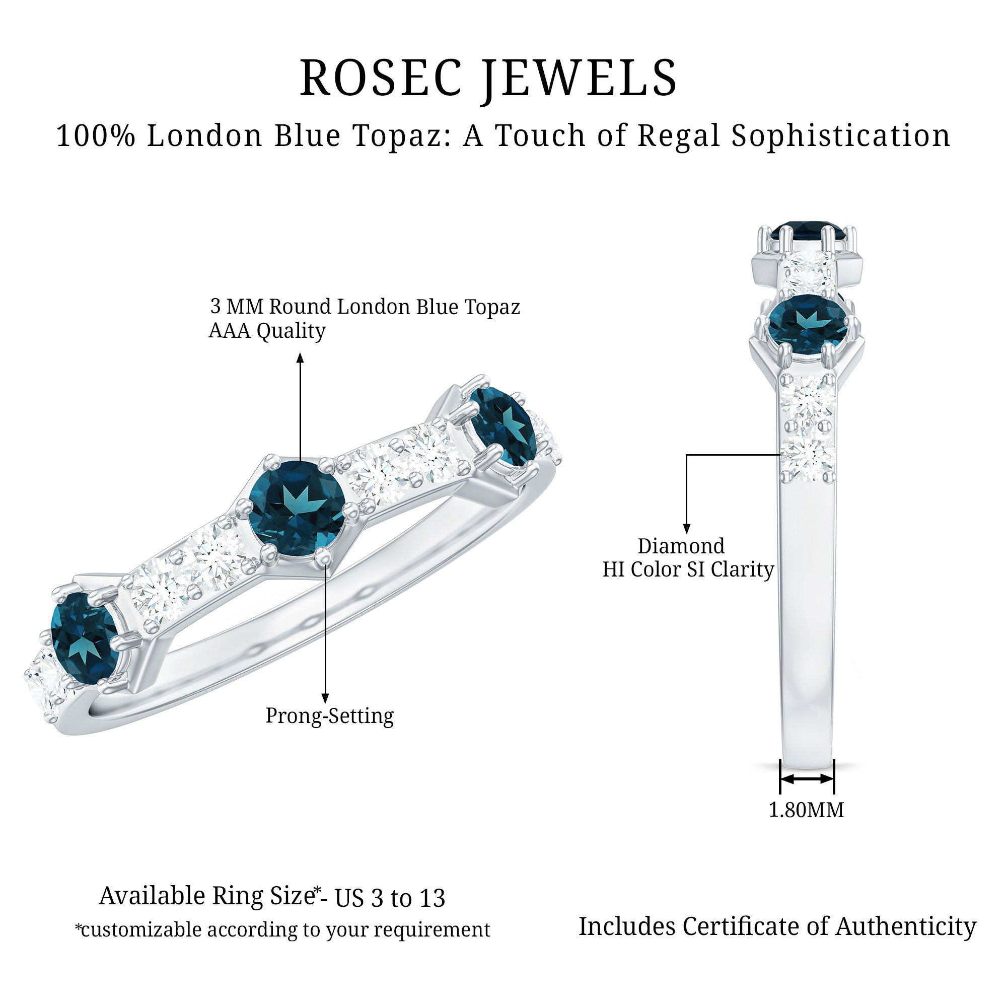 Certified London Blue Topaz Eternity Wedding Band with Diamond AAA - Rosec Jewels