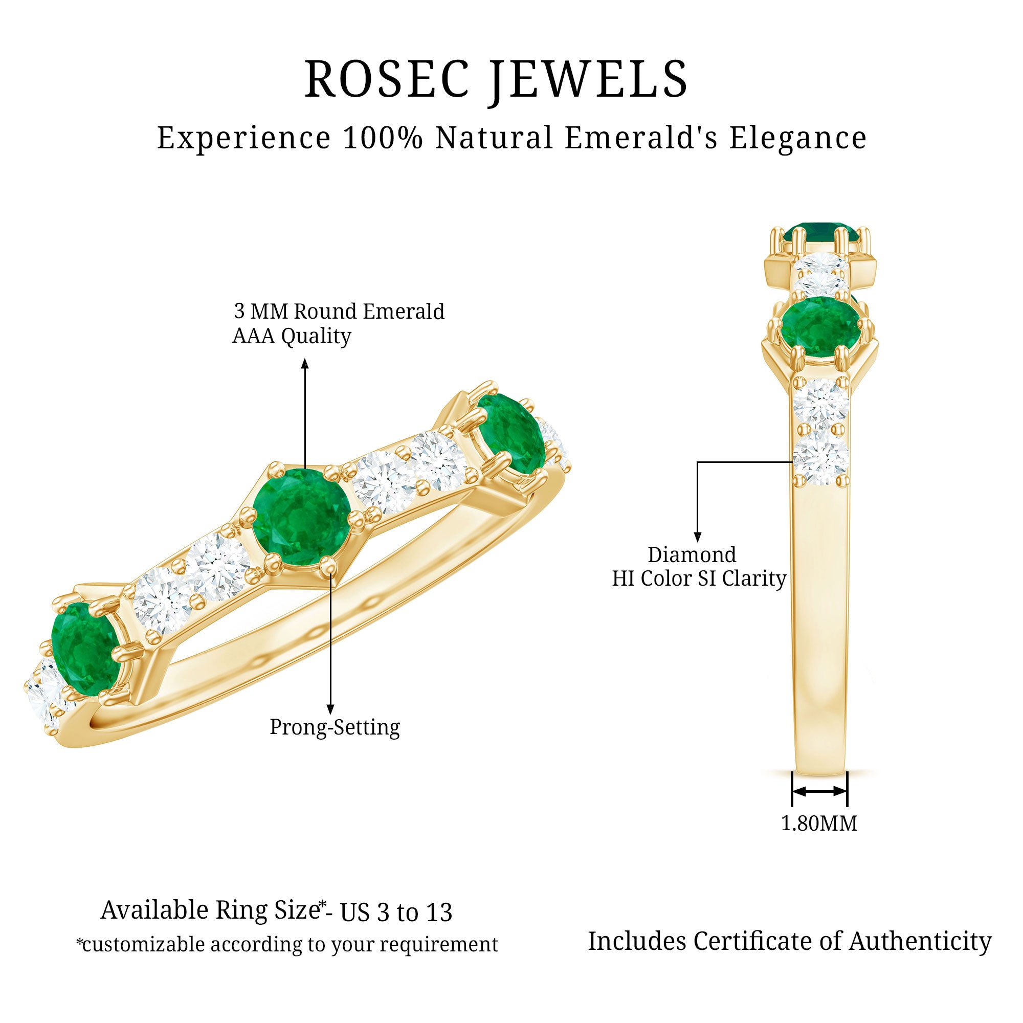 Natural Emerald and Diamond Half Eternity Ring AAA - Rosec Jewels