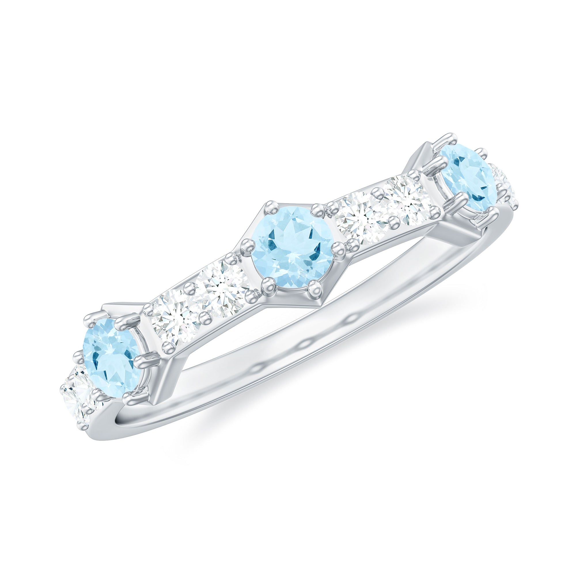 Real Aquamarine and Diamond Half Eternity Ring AAA - Rosec Jewels