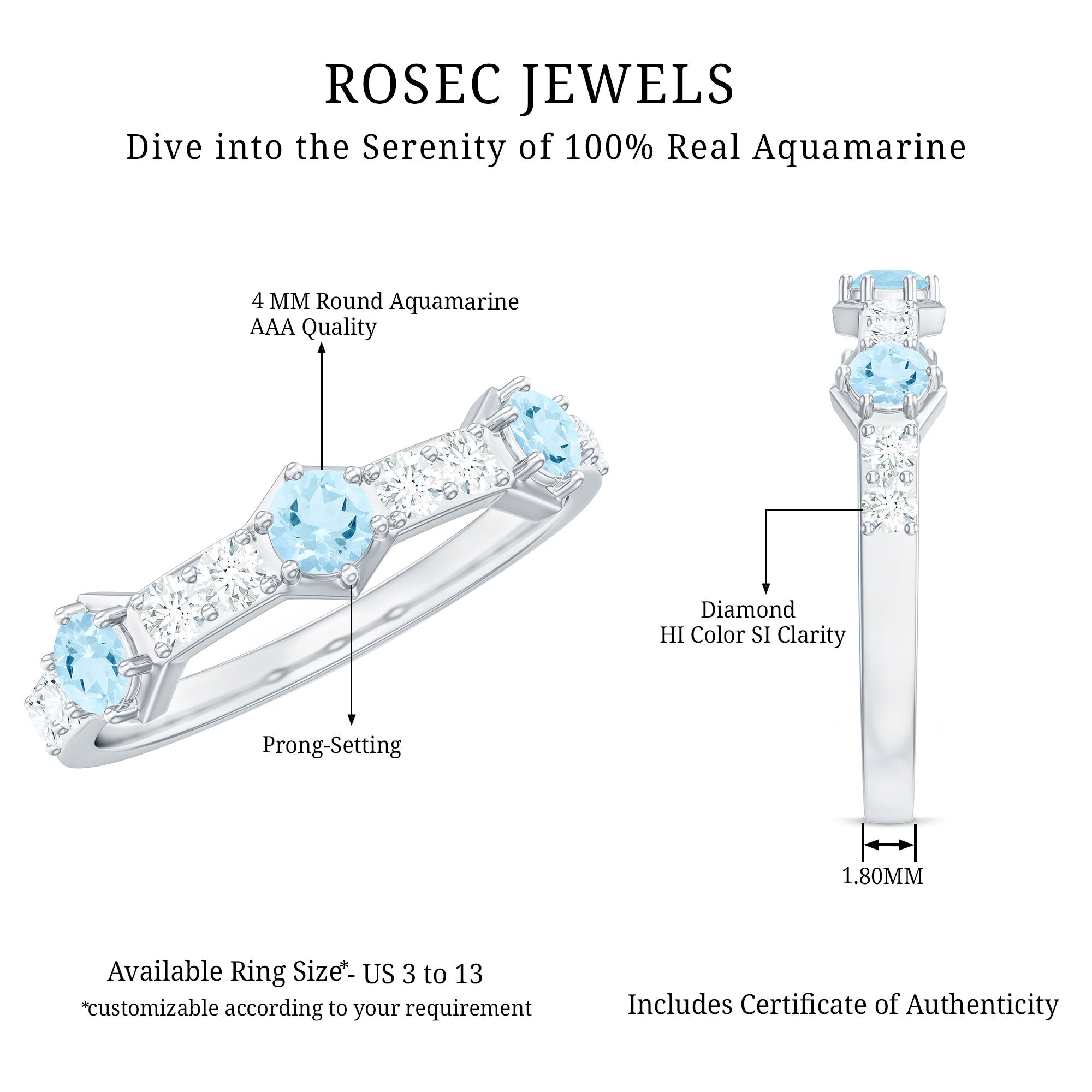 Real Aquamarine and Diamond Half Eternity Ring AAA - Rosec Jewels