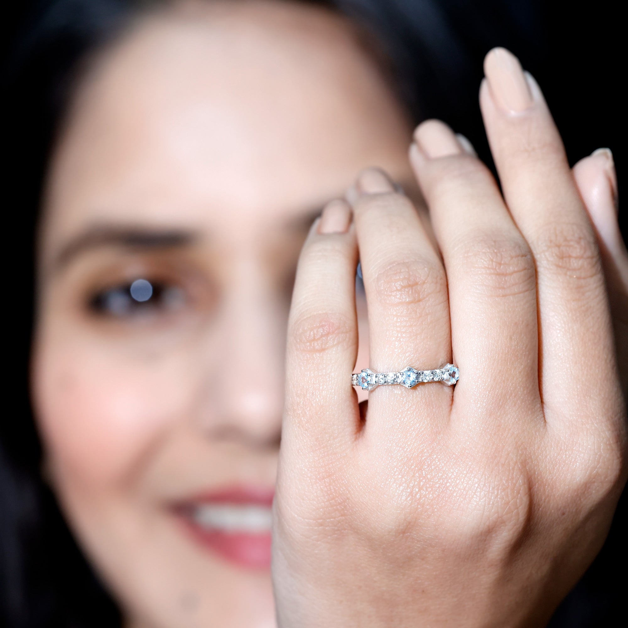 Real Aquamarine and Diamond Half Eternity Ring AAA - Rosec Jewels