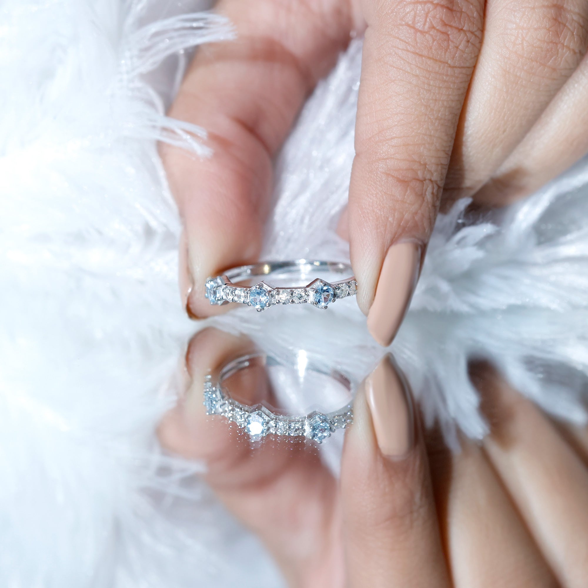 Real Aquamarine and Diamond Half Eternity Ring AAA - Rosec Jewels