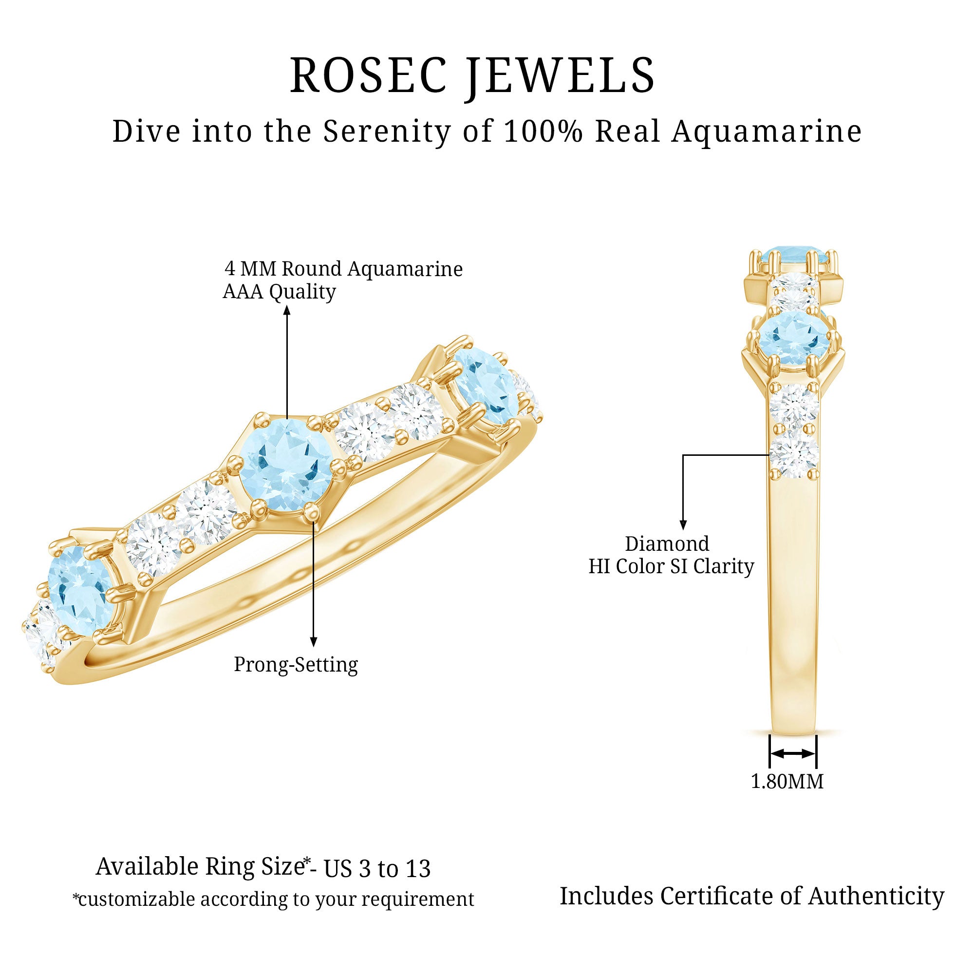 Real Aquamarine and Diamond Half Eternity Ring AAA - Rosec Jewels