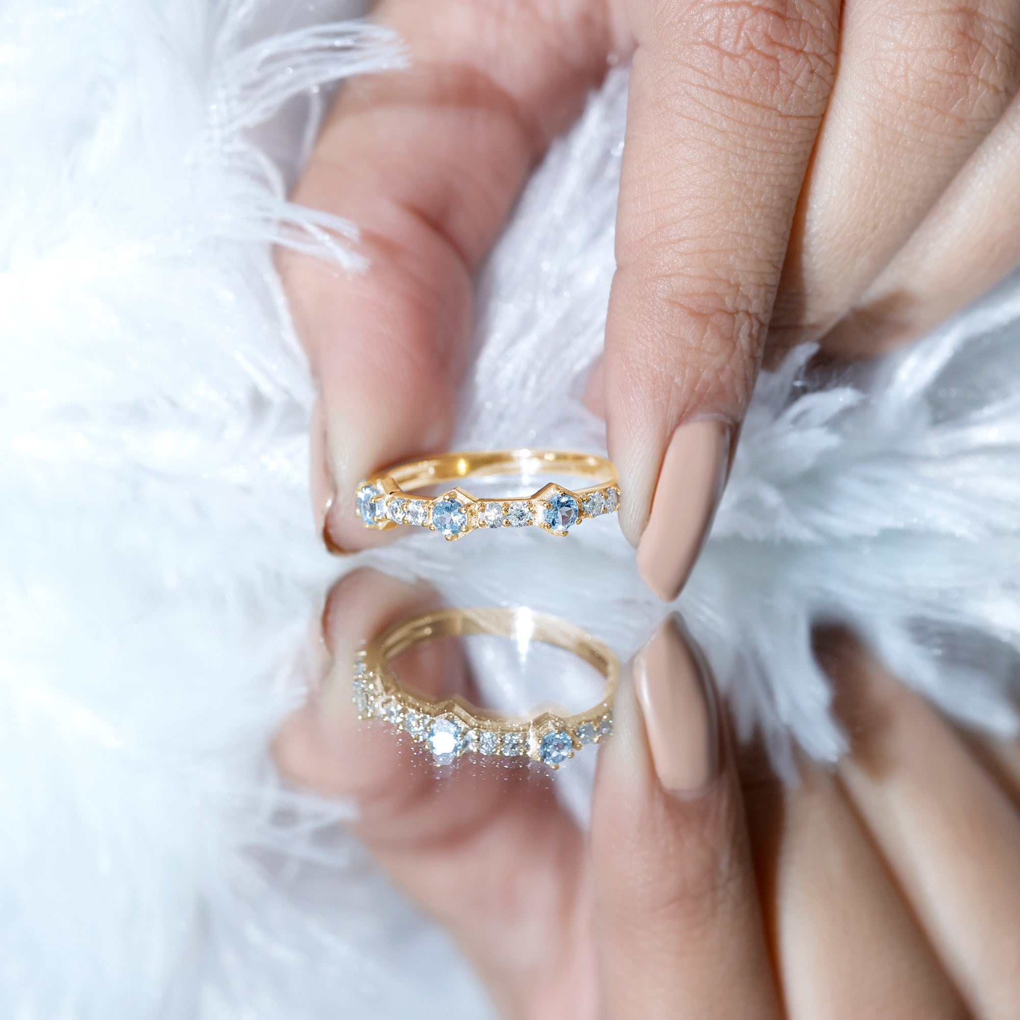 Real Aquamarine and Diamond Half Eternity Ring AAA - Rosec Jewels