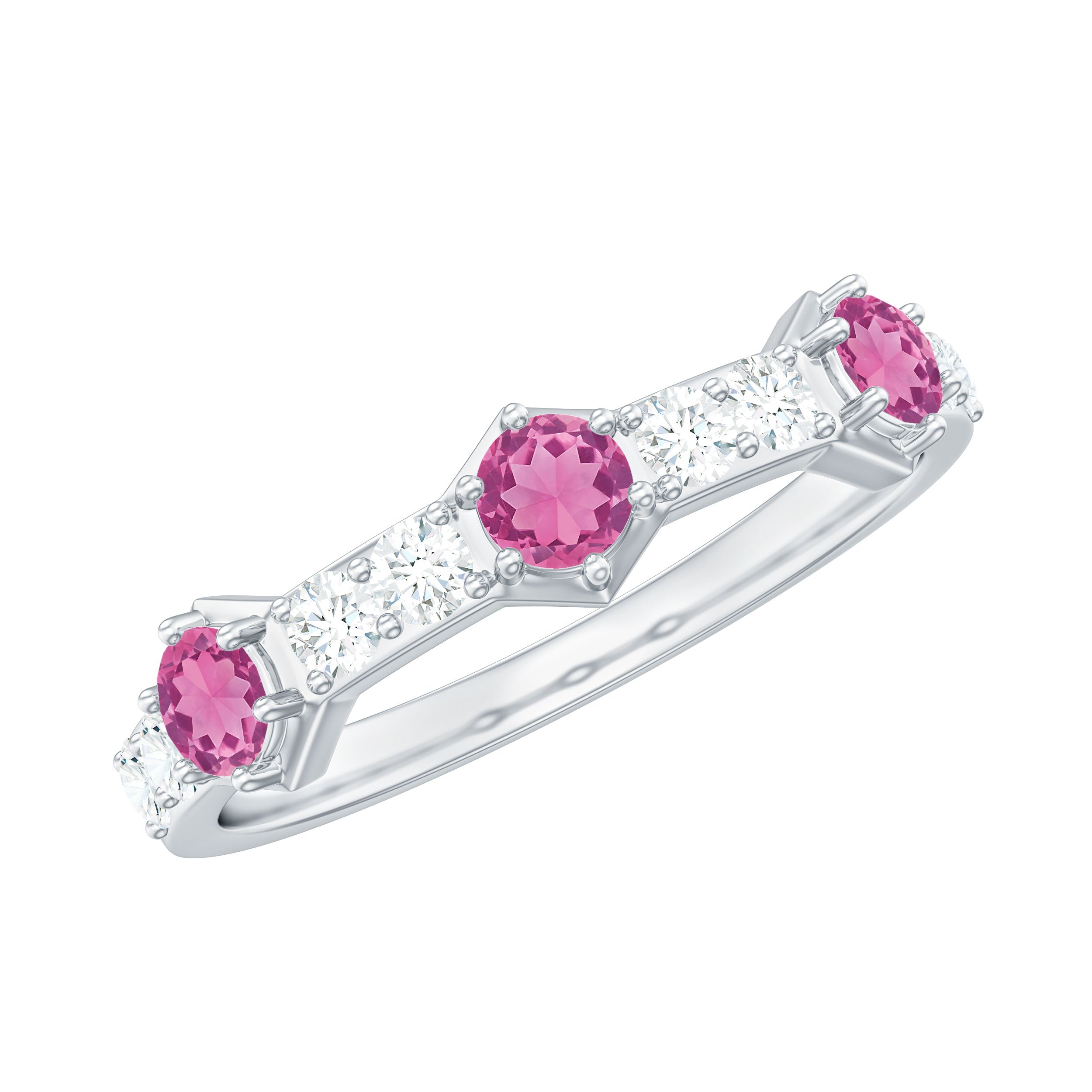 Minimal Half Eternity Ring with Pink Tourmaline and Diamond AAA - Rosec Jewels