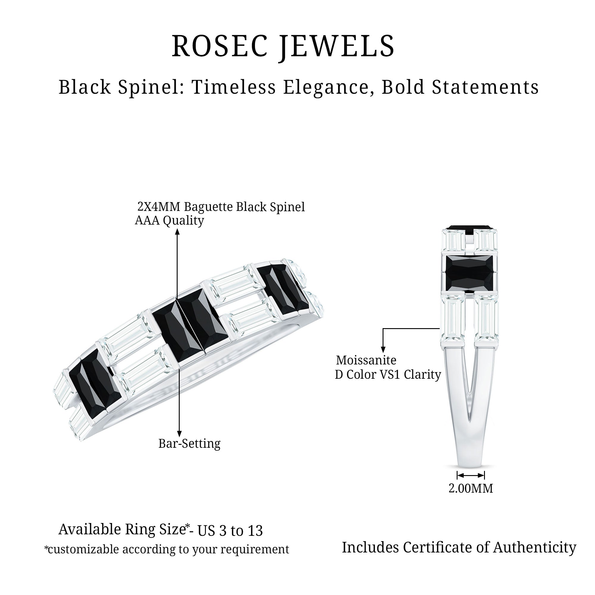 Natural Baguette Black Spinel Half Eternity Ring with Moissanite AAA - Rosec Jewels