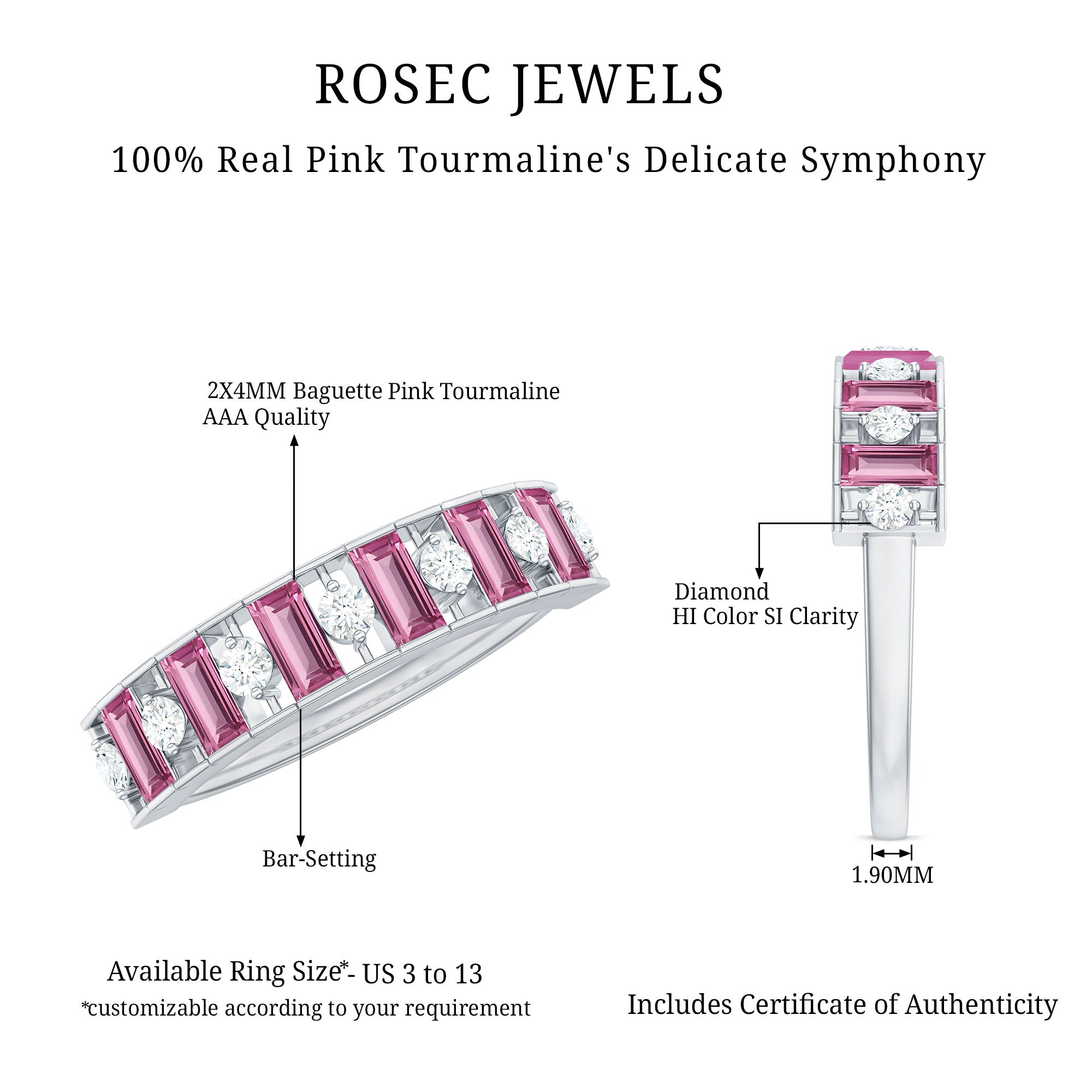Alternate Pink Tourmaline and Diamond Half Eternity Ring AAA - Rosec Jewels