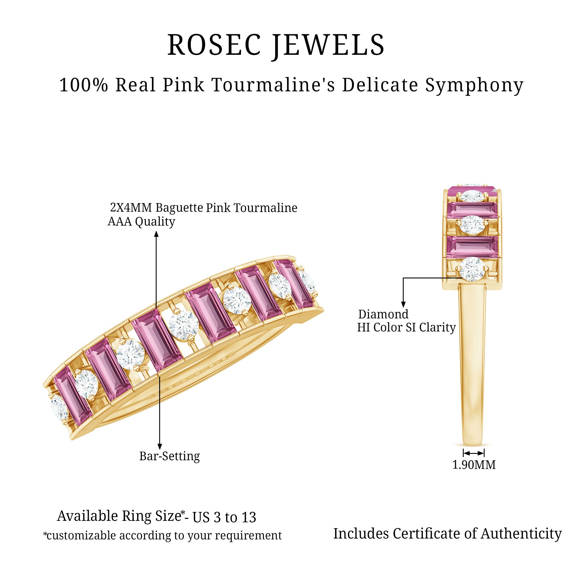 Alternate Pink Tourmaline and Diamond Half Eternity Ring AAA - Rosec Jewels