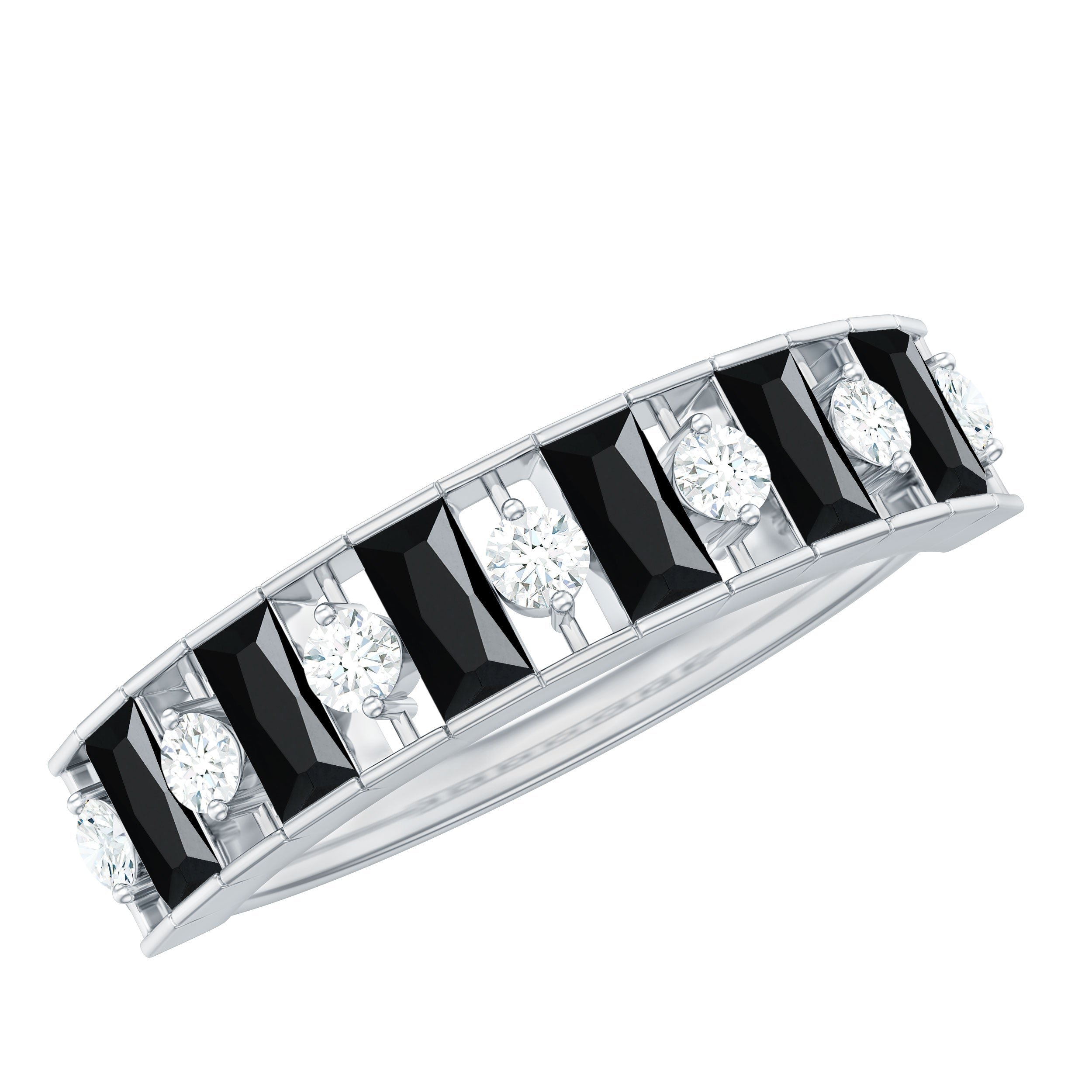 Natural Baguette Black Spinel Half Eternity Ring with Diamond AAA - Rosec Jewels