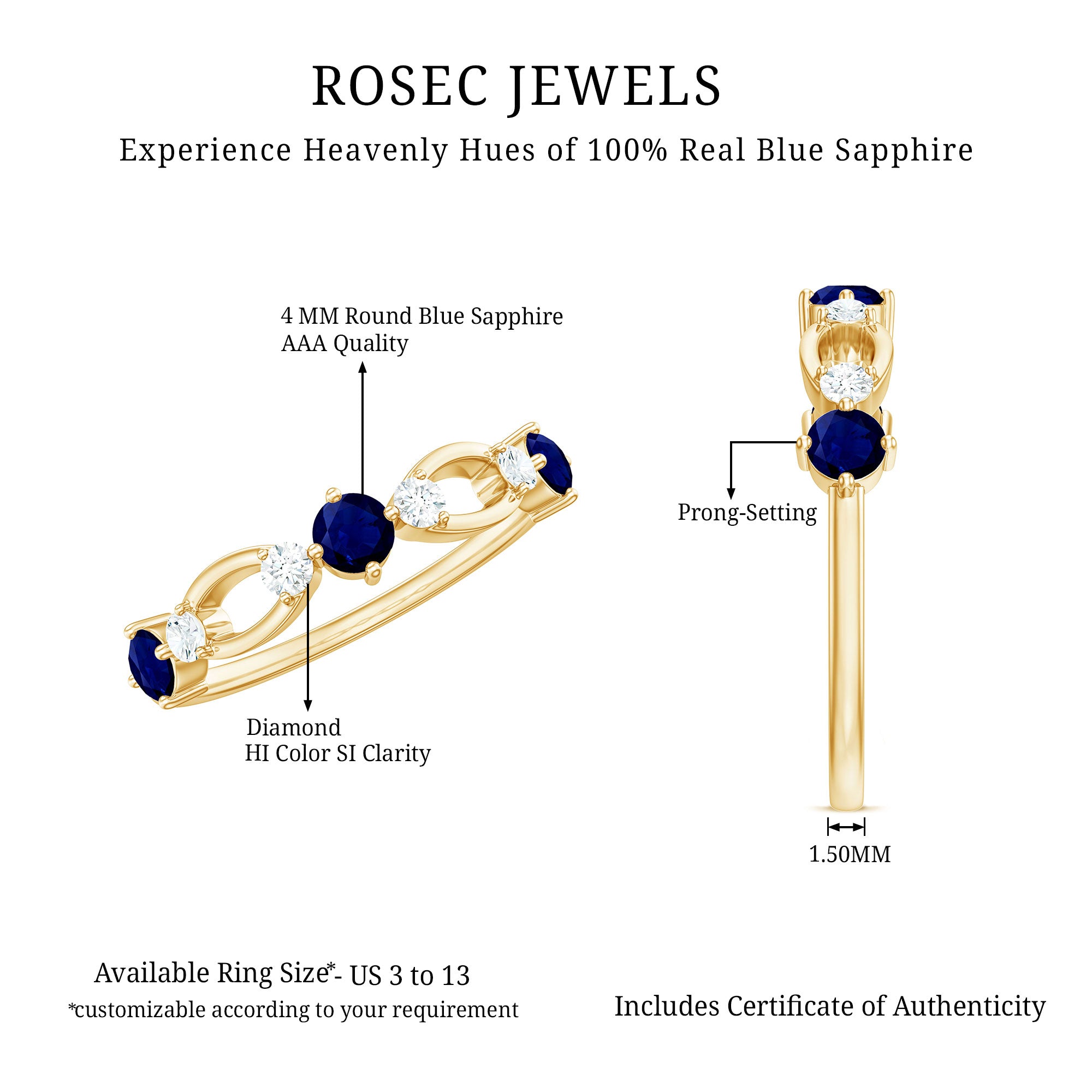 Natural Blue Sapphire Promise Ring with Diamond AAA - Rosec Jewels