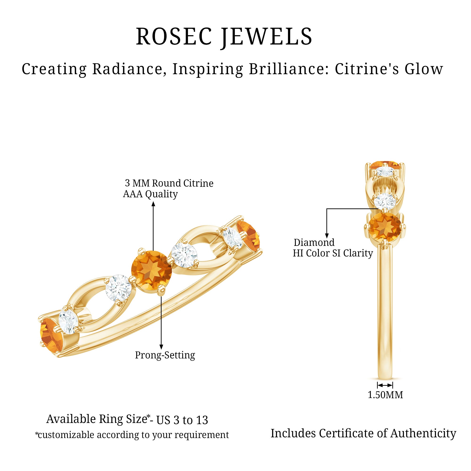 Rosec Jewels-Natural Citrine Half Eternity Ring with Diamond