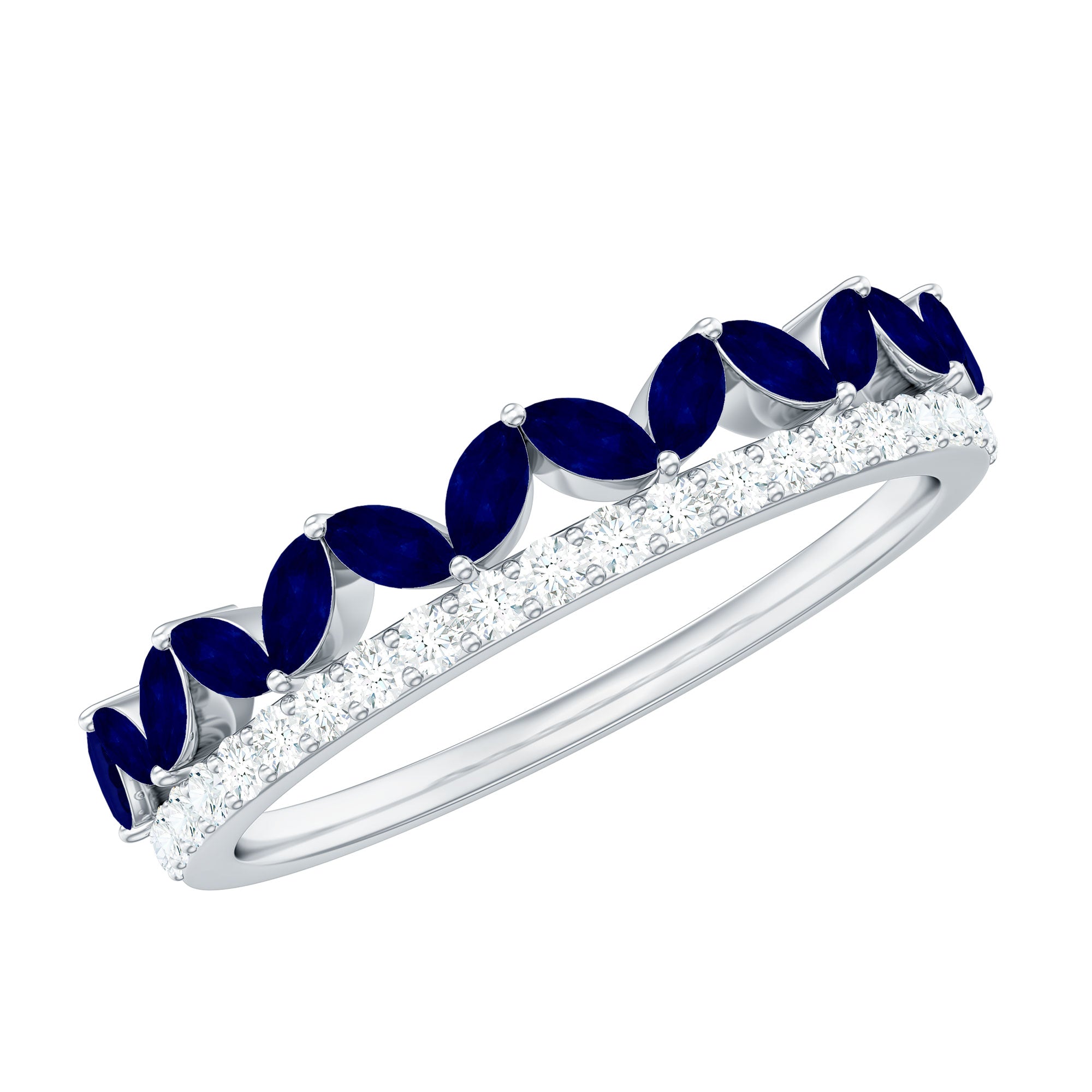 Real Marquise Blue Sapphire Half Eternity Ring with Diamond AAA - Rosec Jewels