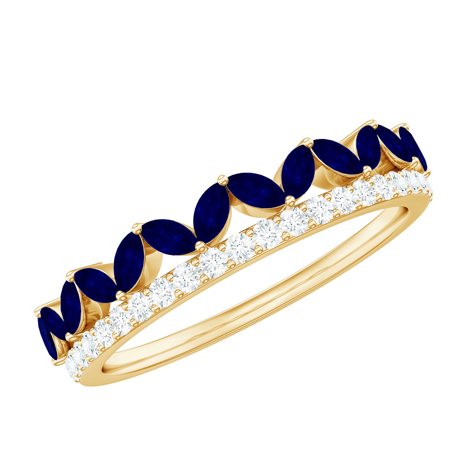 Real Marquise Blue Sapphire Half Eternity Ring with Diamond AAA - Rosec Jewels
