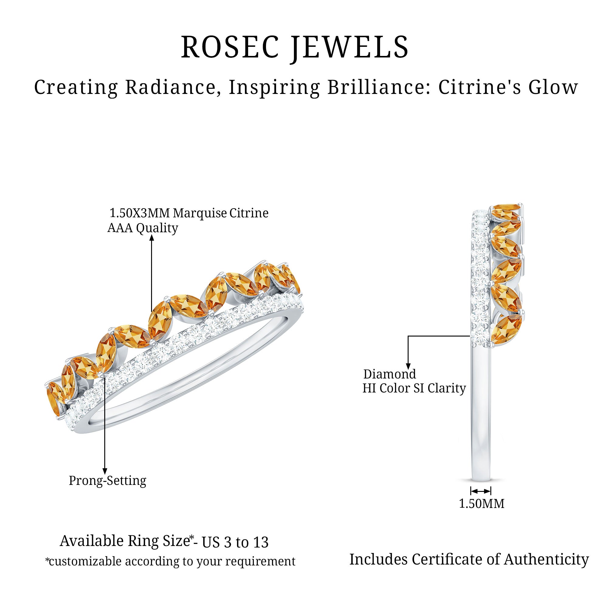 Certified Real Citrine Half Eternity Ring with Diamond AAA - Rosec Jewels