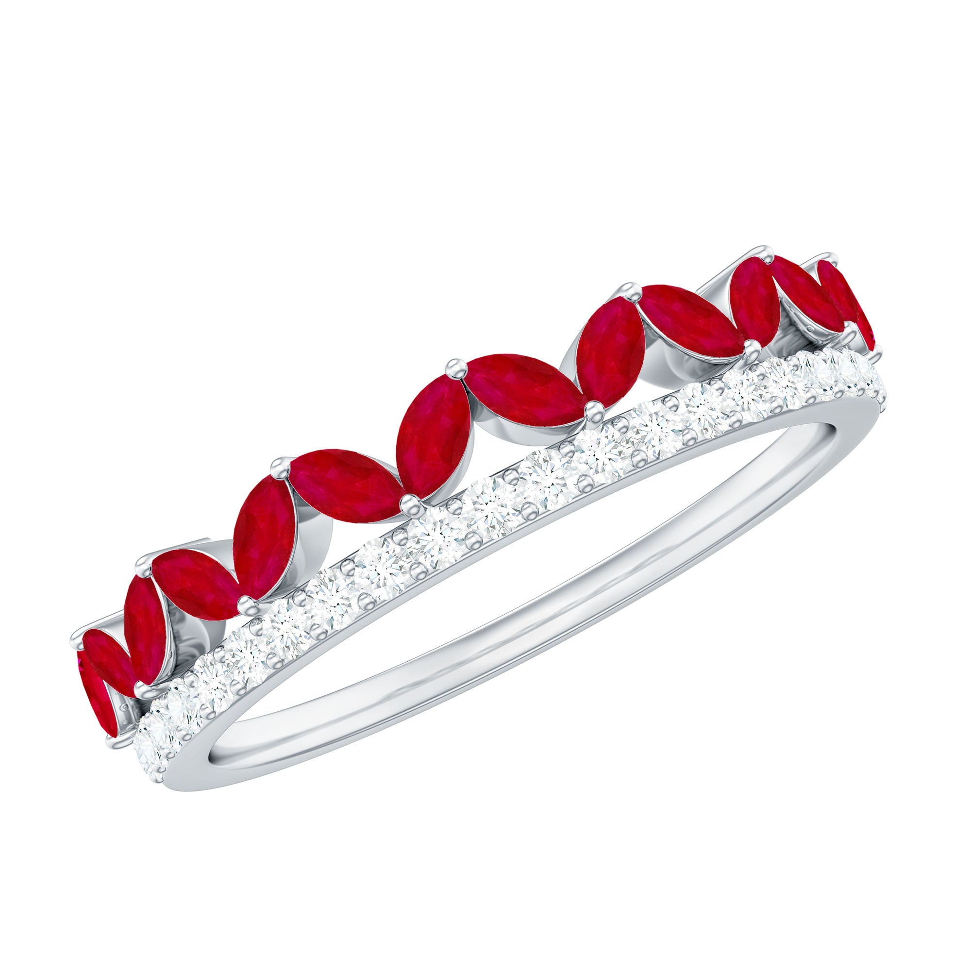Natural Marquise Ruby Half Eternity Anniversary Ring with Diamond AAA - Rosec Jewels