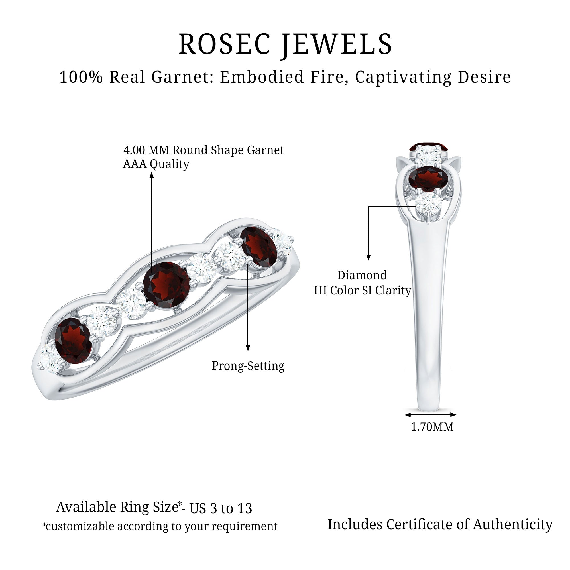 Rosec Jewels-Natural Garnet Half Eternity Ring with Diamond