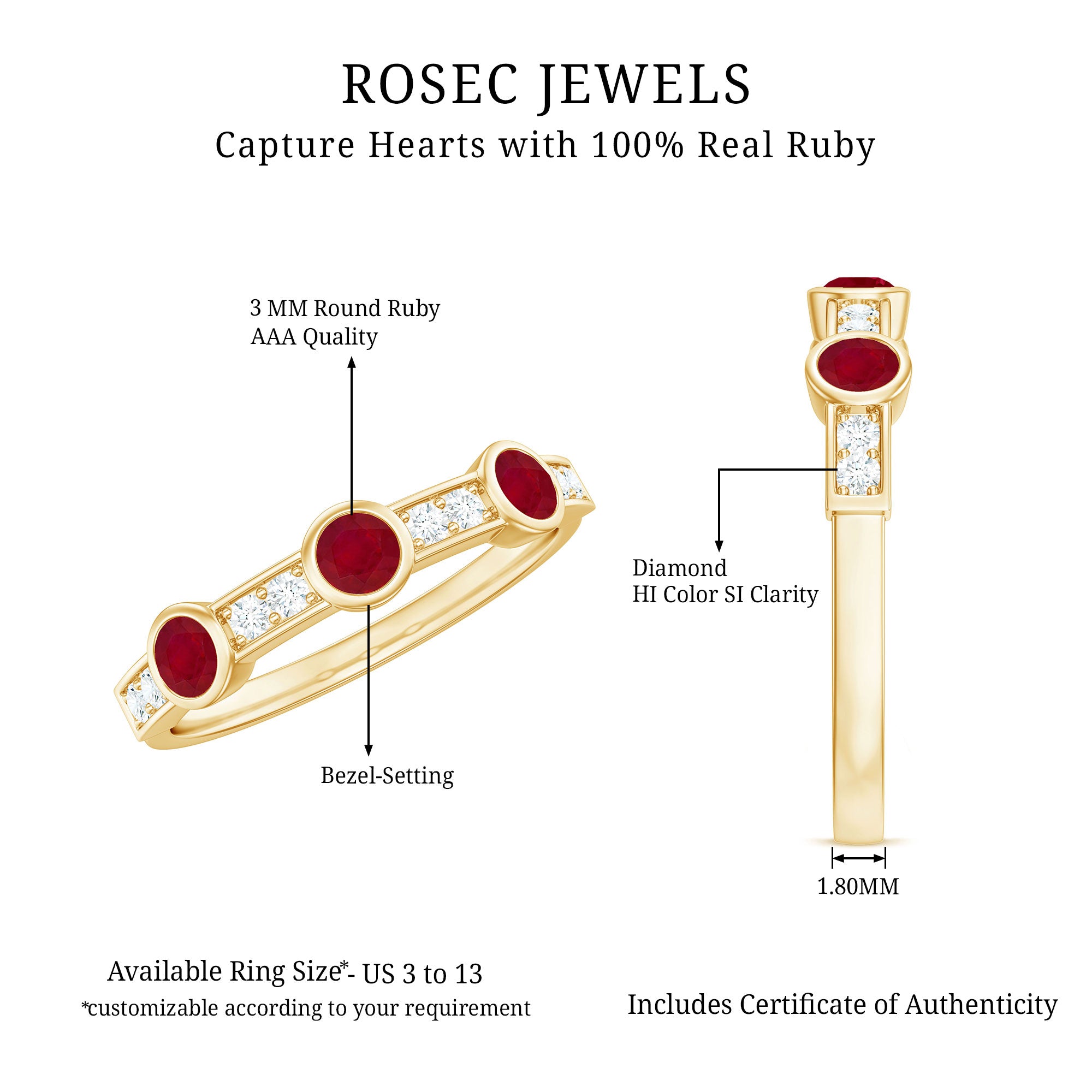 Natural Bezel Set Ruby Half Eternity Ring with Diamond AAA - Rosec Jewels