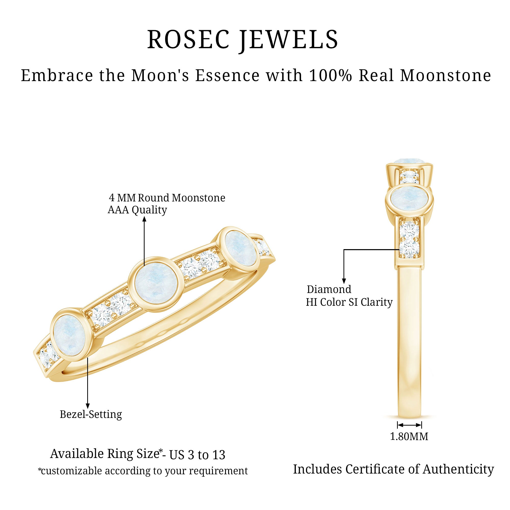 Rosec Jewels-Minimal Half Eternity Ring with Moonstone and Diamond