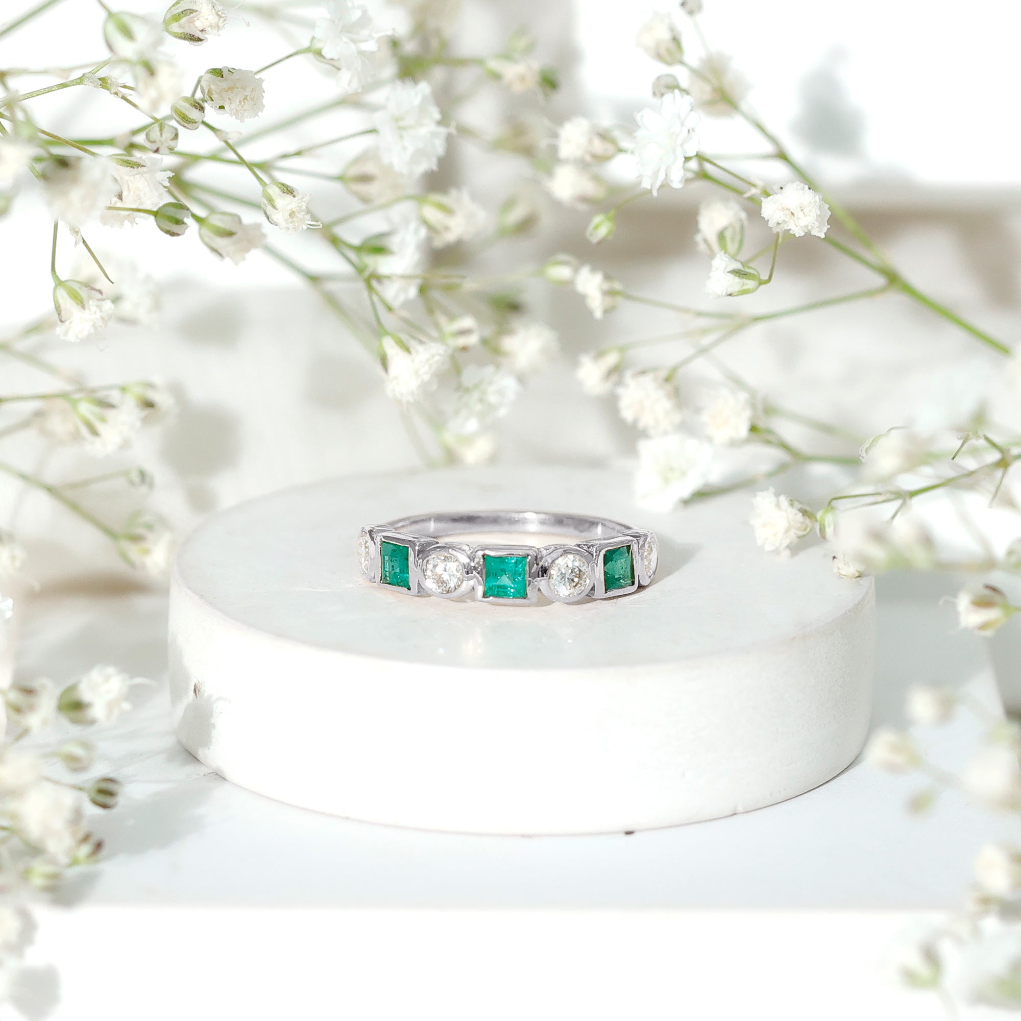 Real Emerald and Diamond Half Eternity Wedding Band in Bezel Set AAA - Rosec Jewels