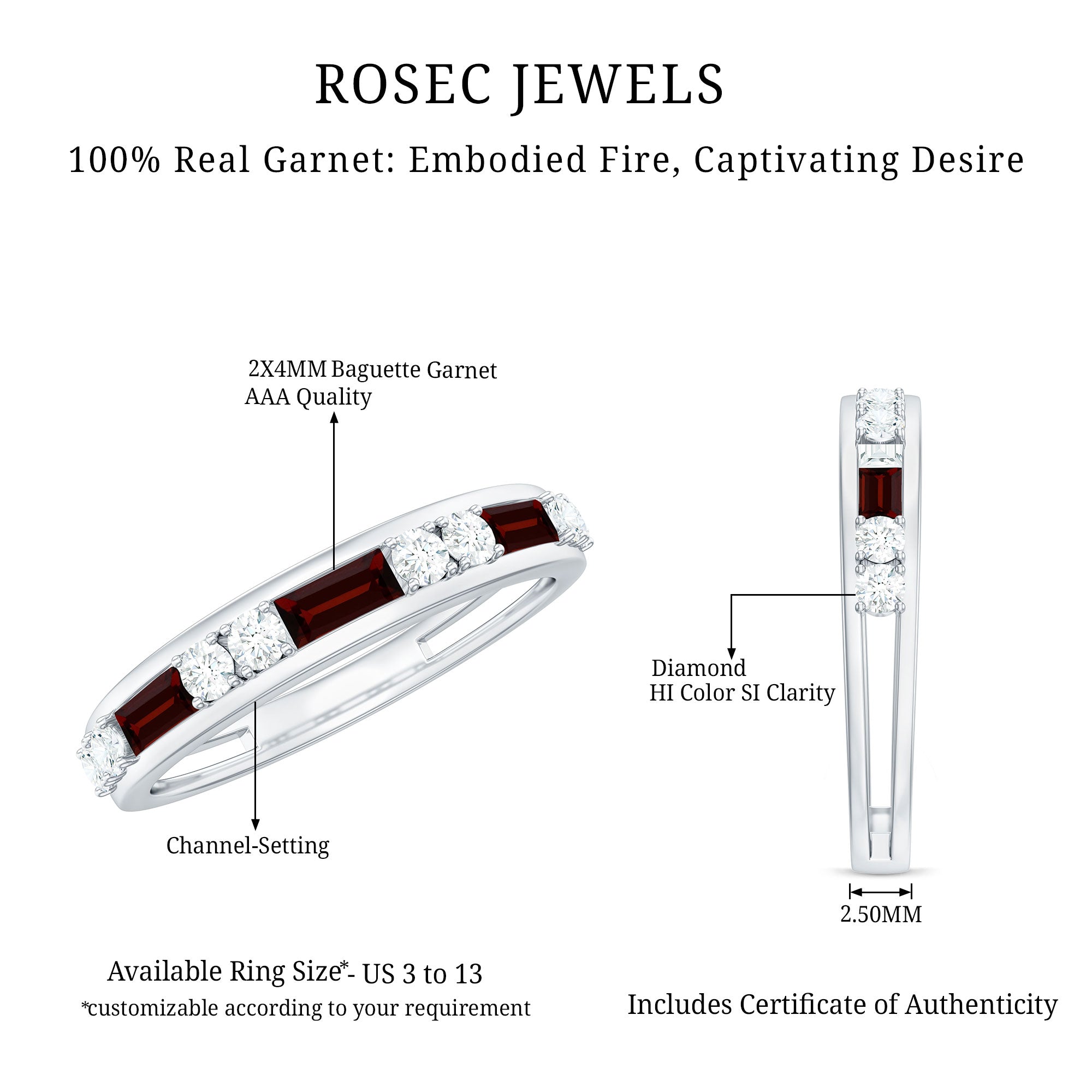 Genuine Baguette Garnet Half Eternity Band with Diamond AAA - Rosec Jewels
