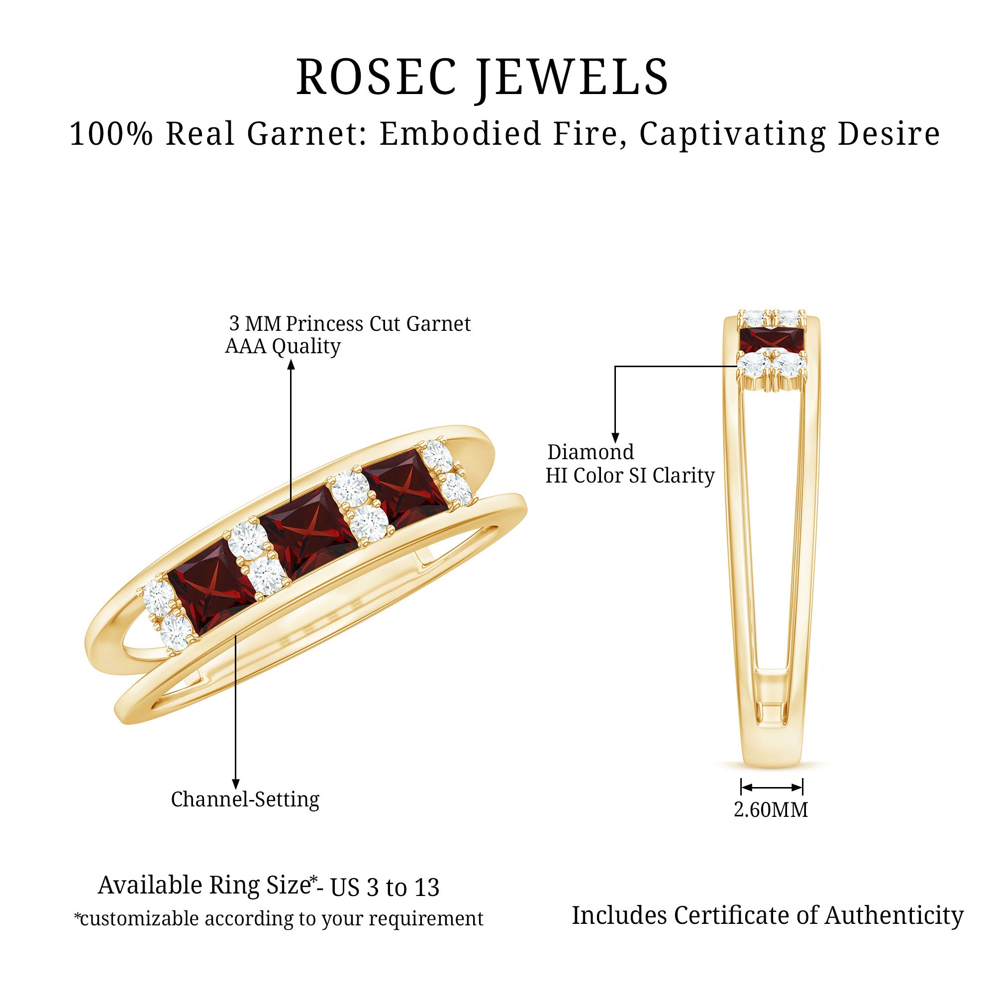 Natural Princess Cut Garnet Diamond Wedding Band AAA - Rosec Jewels