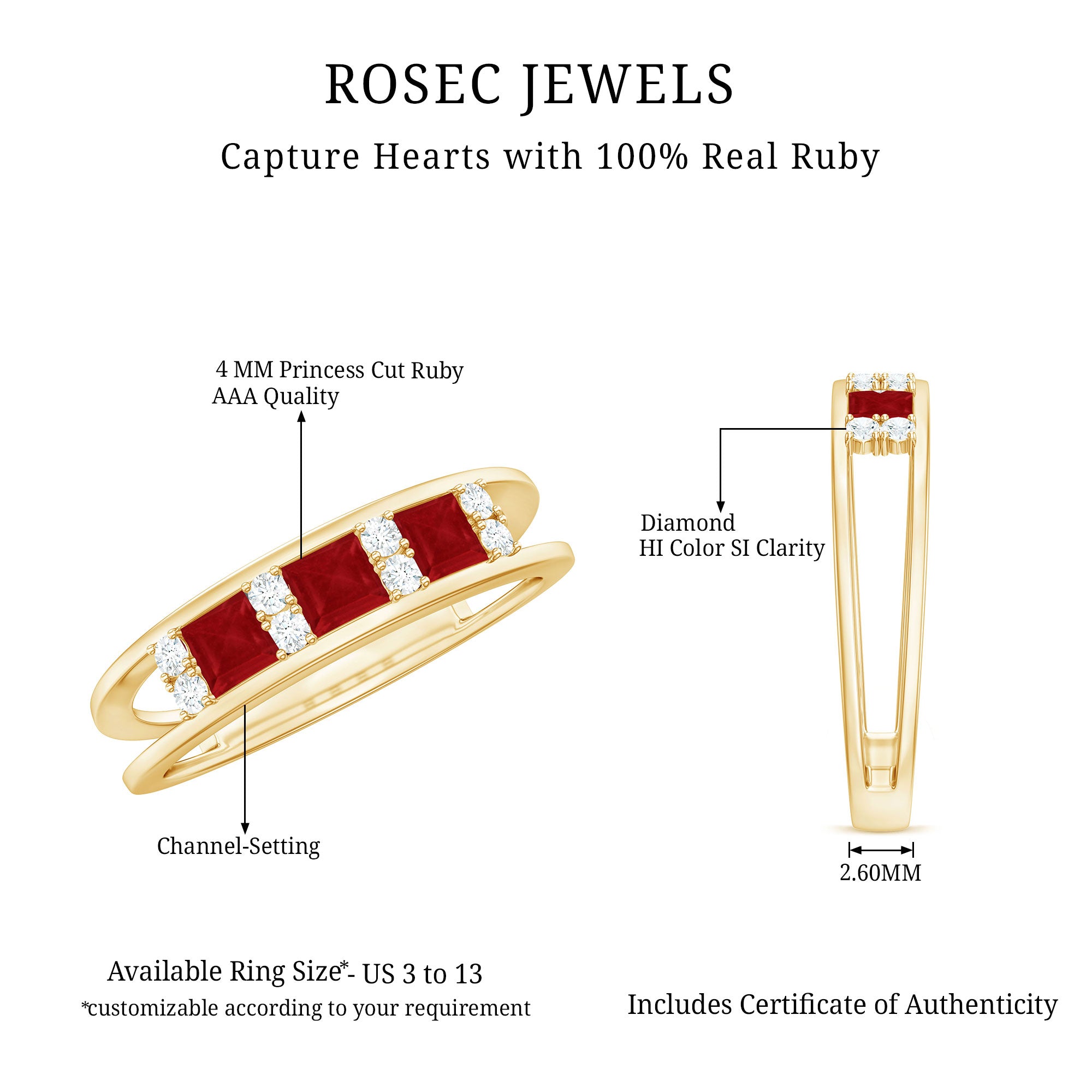 Natural Princess cut Ruby Double Band Ring with Diamond AAA - Rosec Jewels