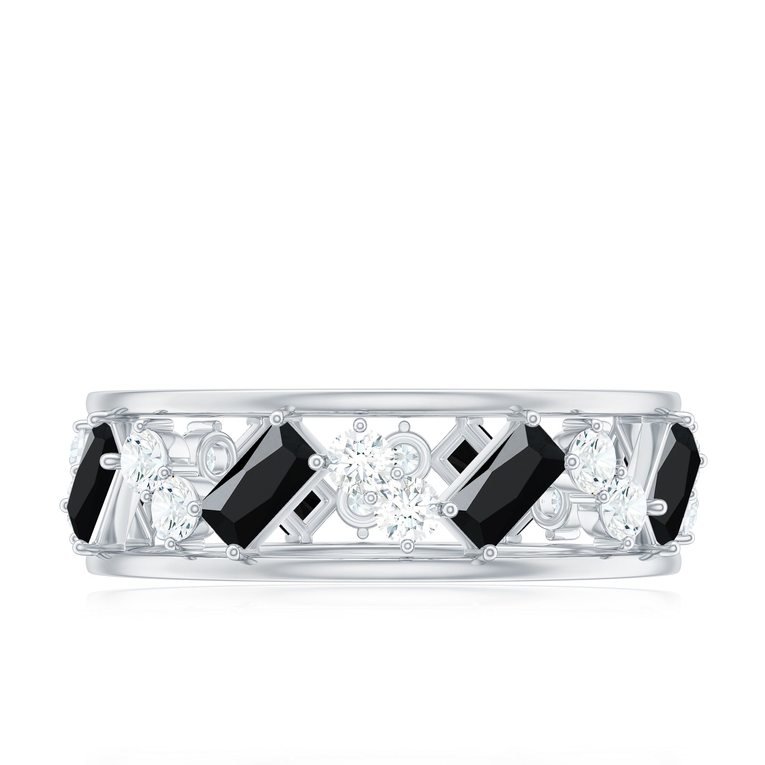 Black Onyx and Diamond Zig Zag Wide Wedding Band AAA - Rosec Jewels