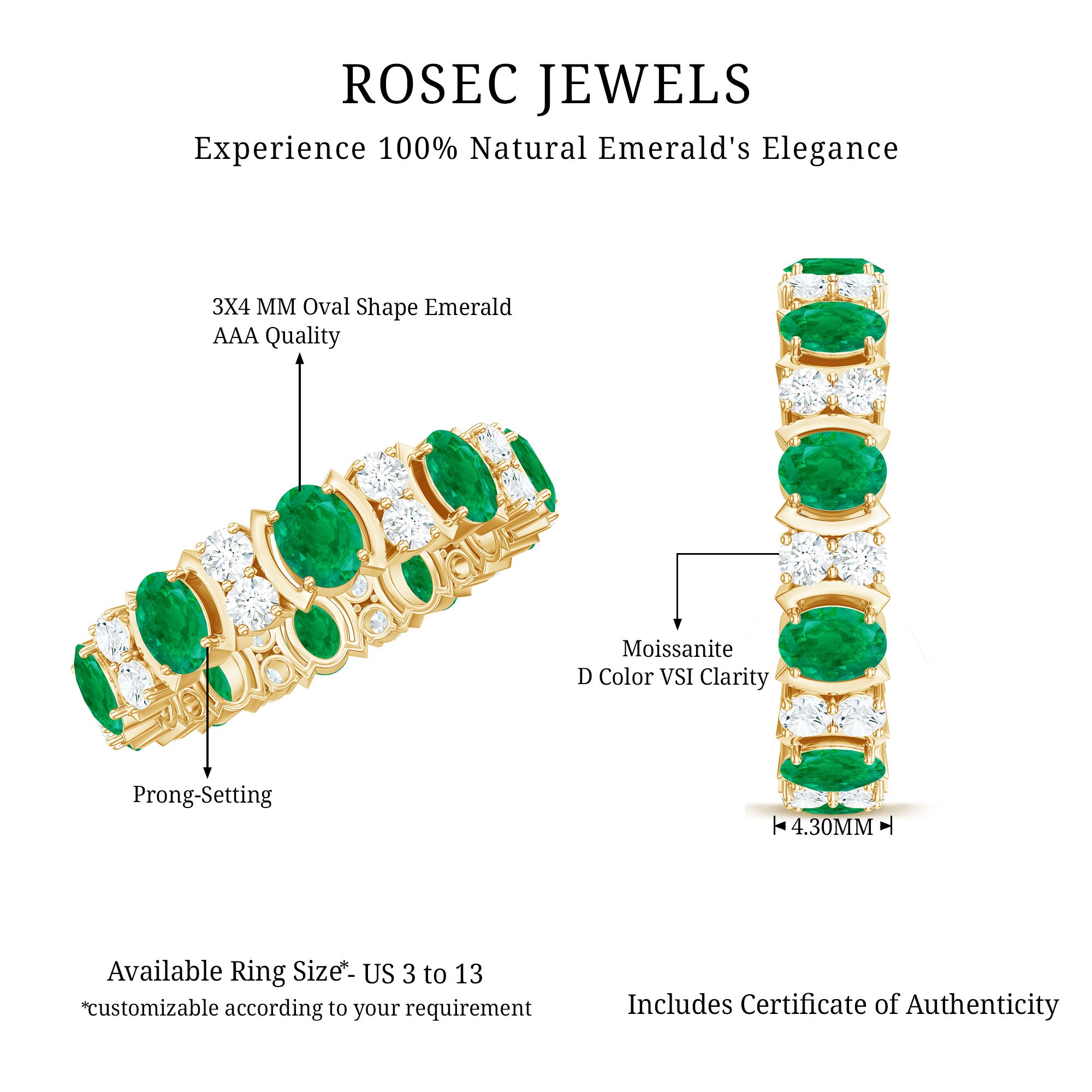 Oval Emerald and Moissanite Eternity Wedding Band AAA - Rosec Jewels