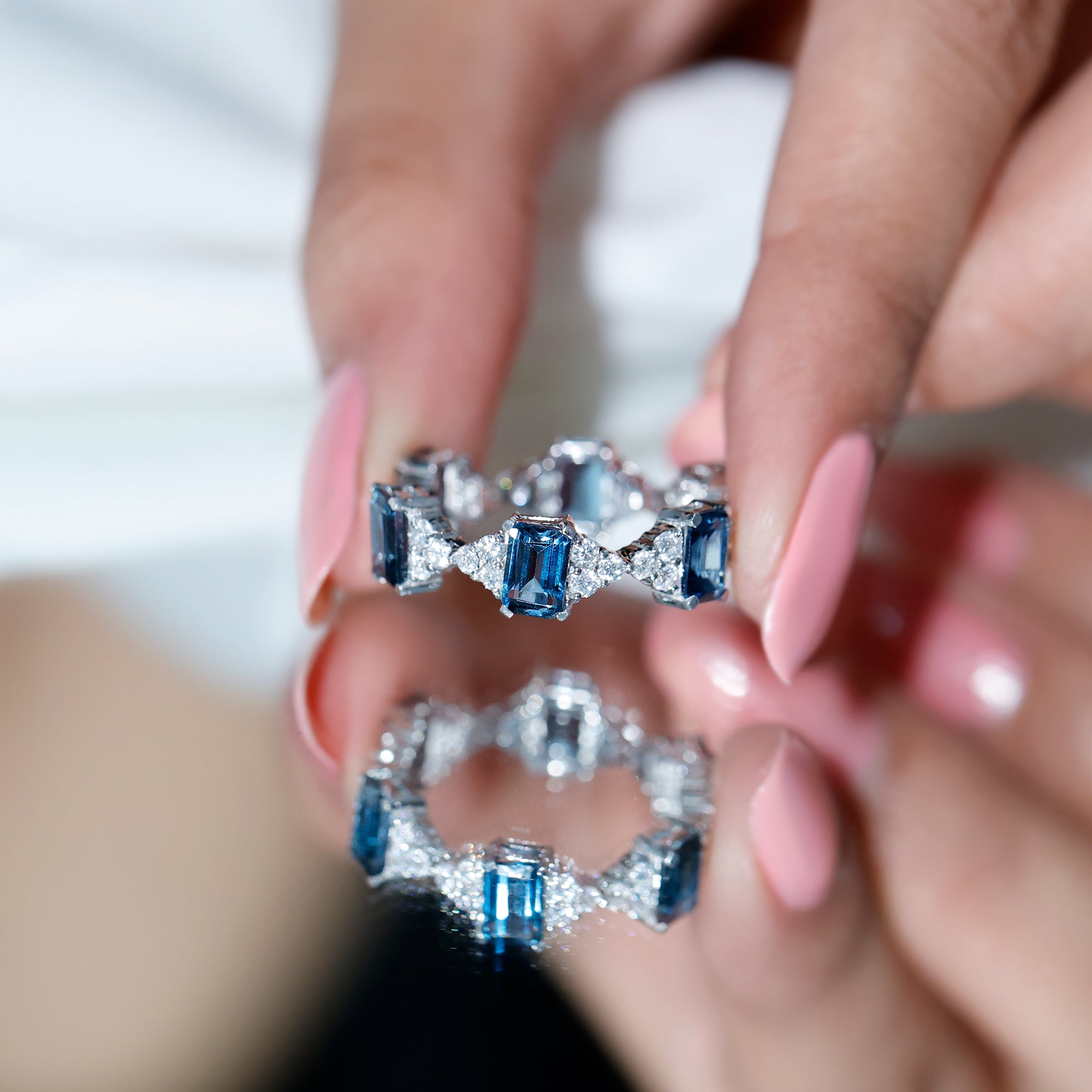 4X6mm Emerald Cut London Blue Topaz Designer Eternity Ring with Moissanite AAA - Rosec Jewels