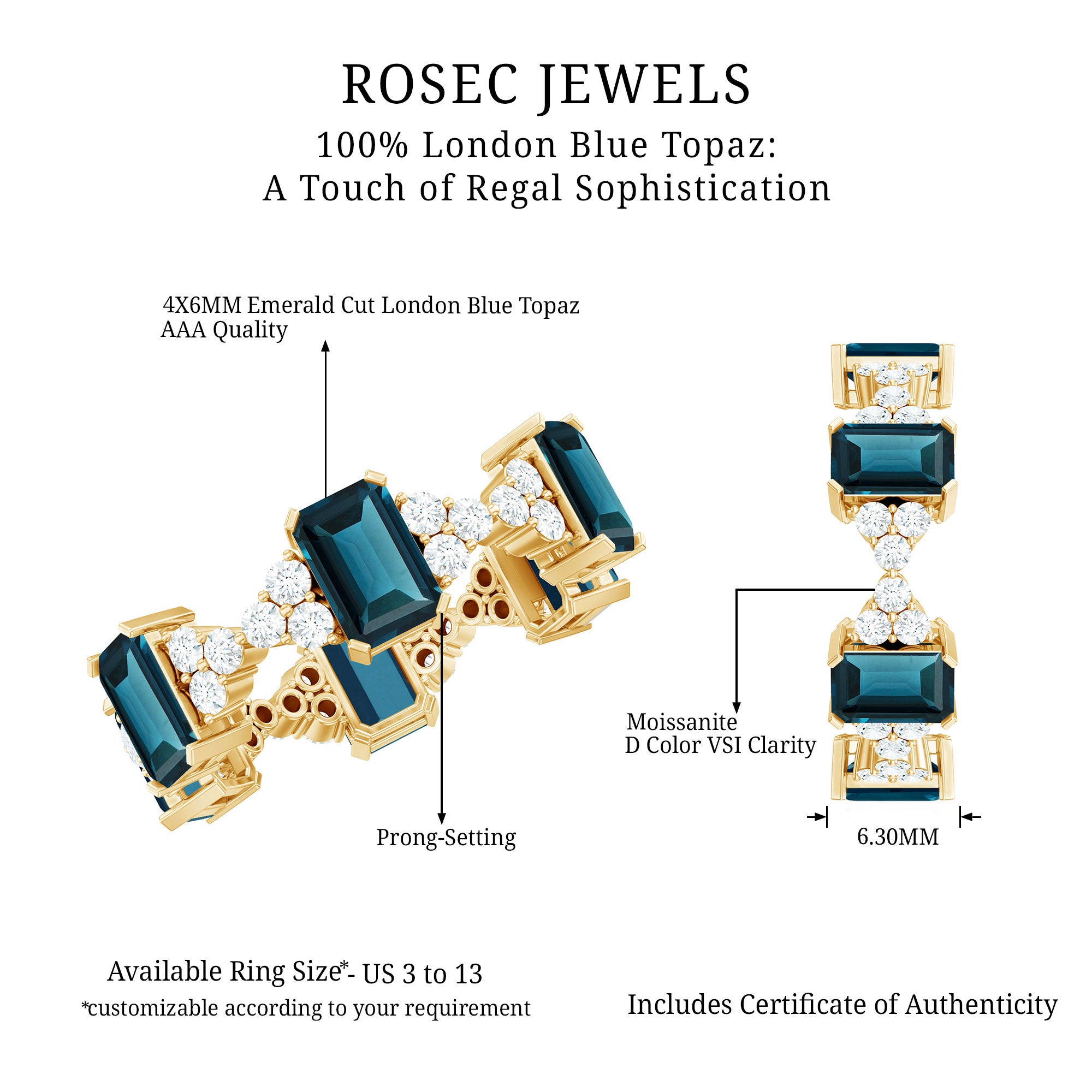 4X6mm Emerald Cut London Blue Topaz Designer Eternity Ring with Moissanite AAA - Rosec Jewels